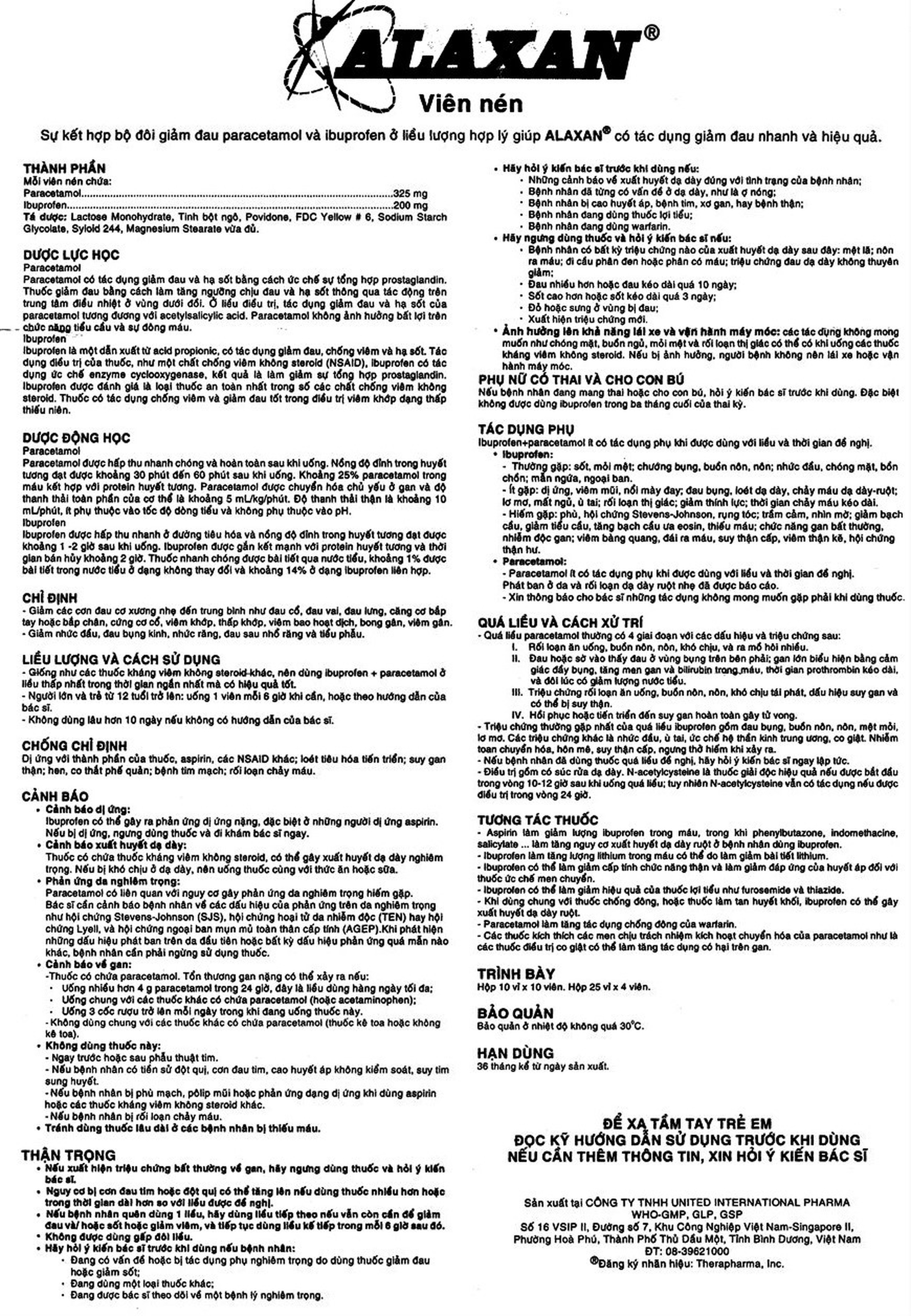 Thuốc Alaxan United giảm các cơn đau cơ xương, nhức đầu, đau bụng kinh, nhức răng (25 vỉ x 4 viên)