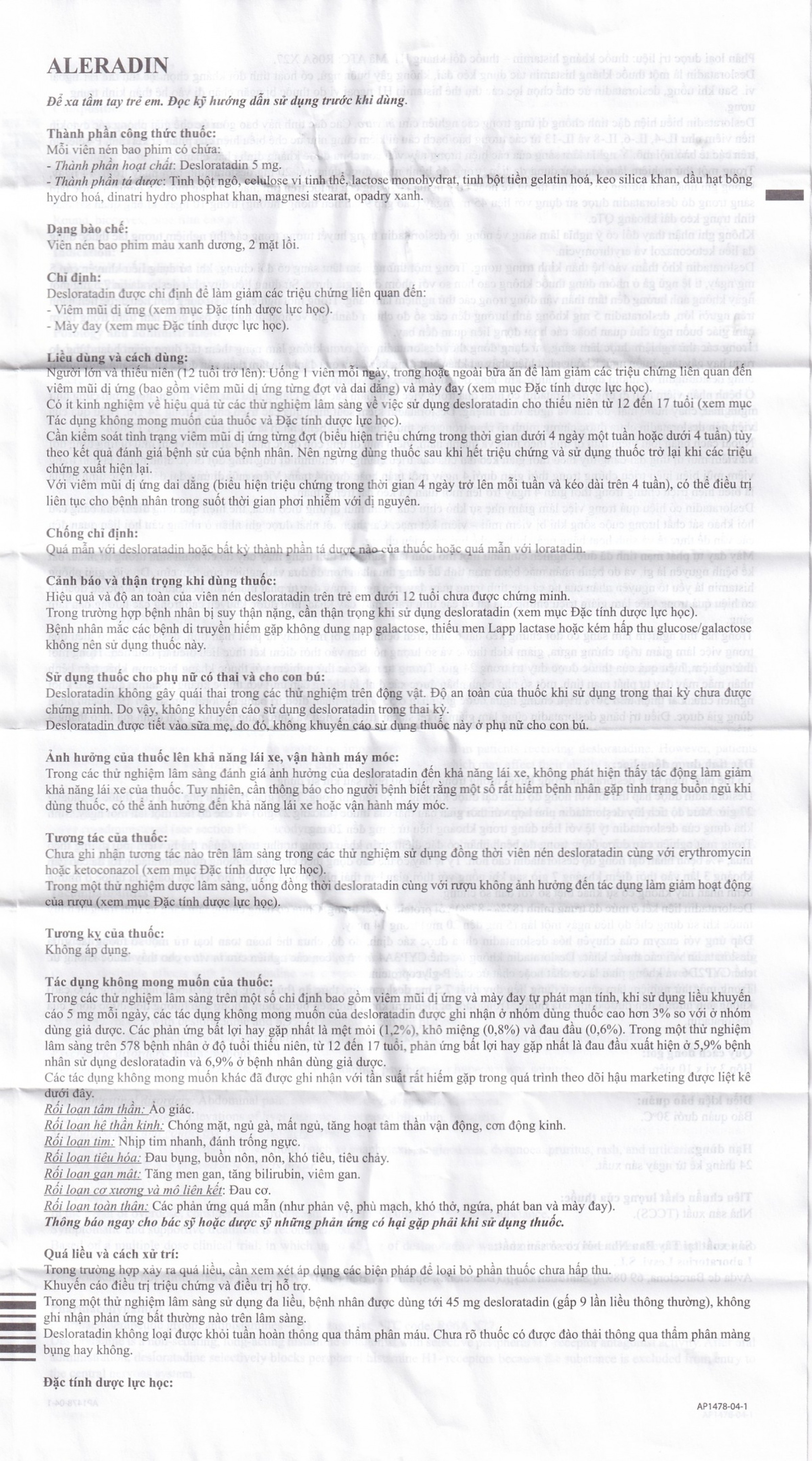 Thuốc Aleradin 5mg giảm các triệu chứng viêm mũi dị ứng theo mùa, mày đay (3 vỉ x 10 viên)