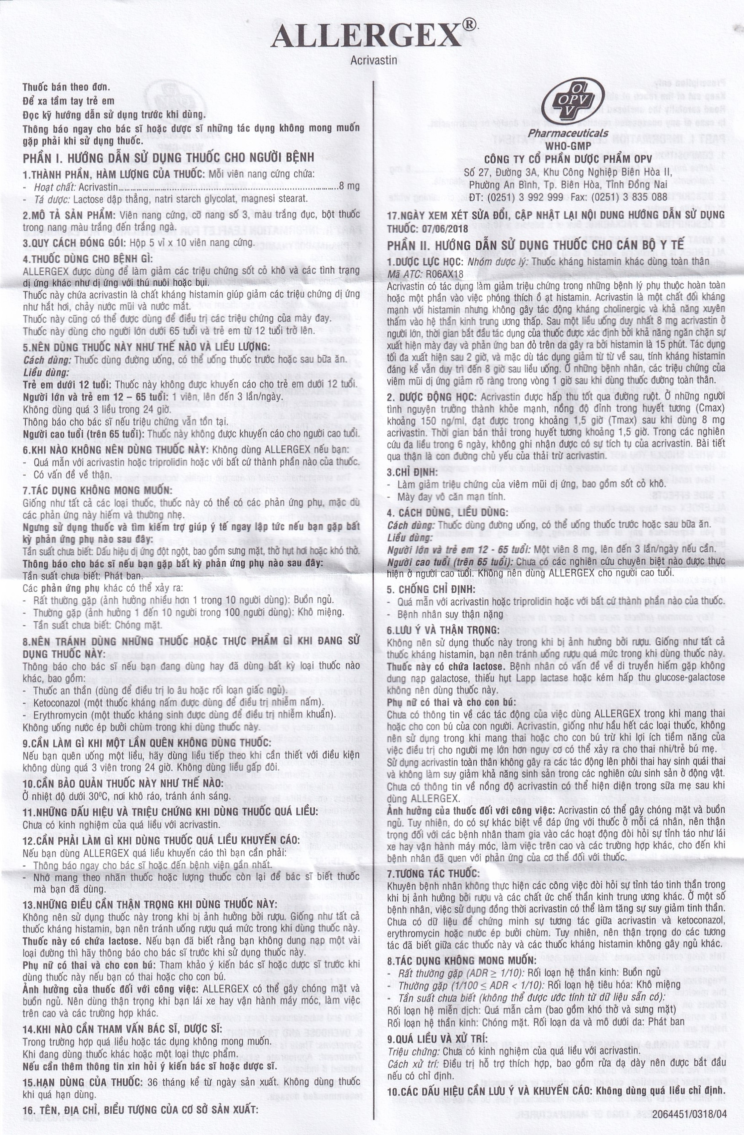 Thuốc Allergex 8mg OPV điều trị viêm mũi dị ứng, mày đay vô căn mạn tính (5 vỉ x 10 viên)