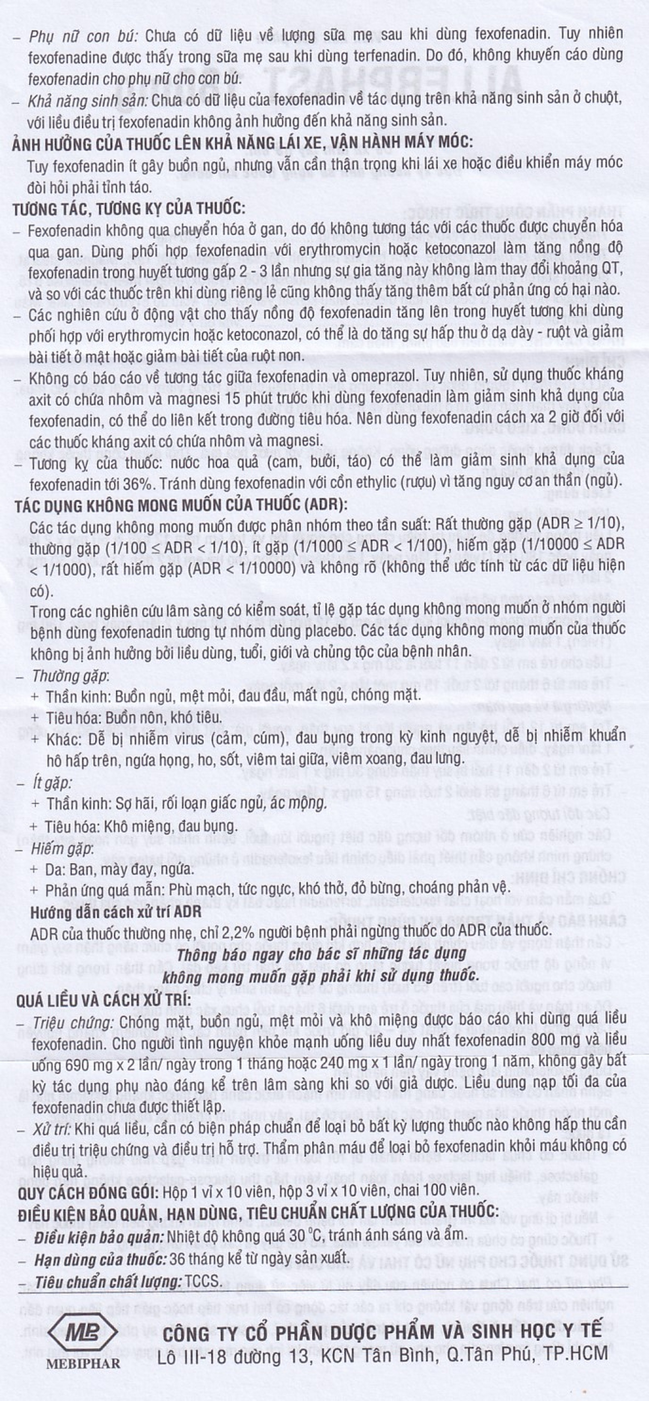 Thuốc Allerphast 180mg Mebiphar điều trị viêm mũi dị ứng theo mùa, mày đay mạn tính vô căn (1 vỉ x 10 viên)