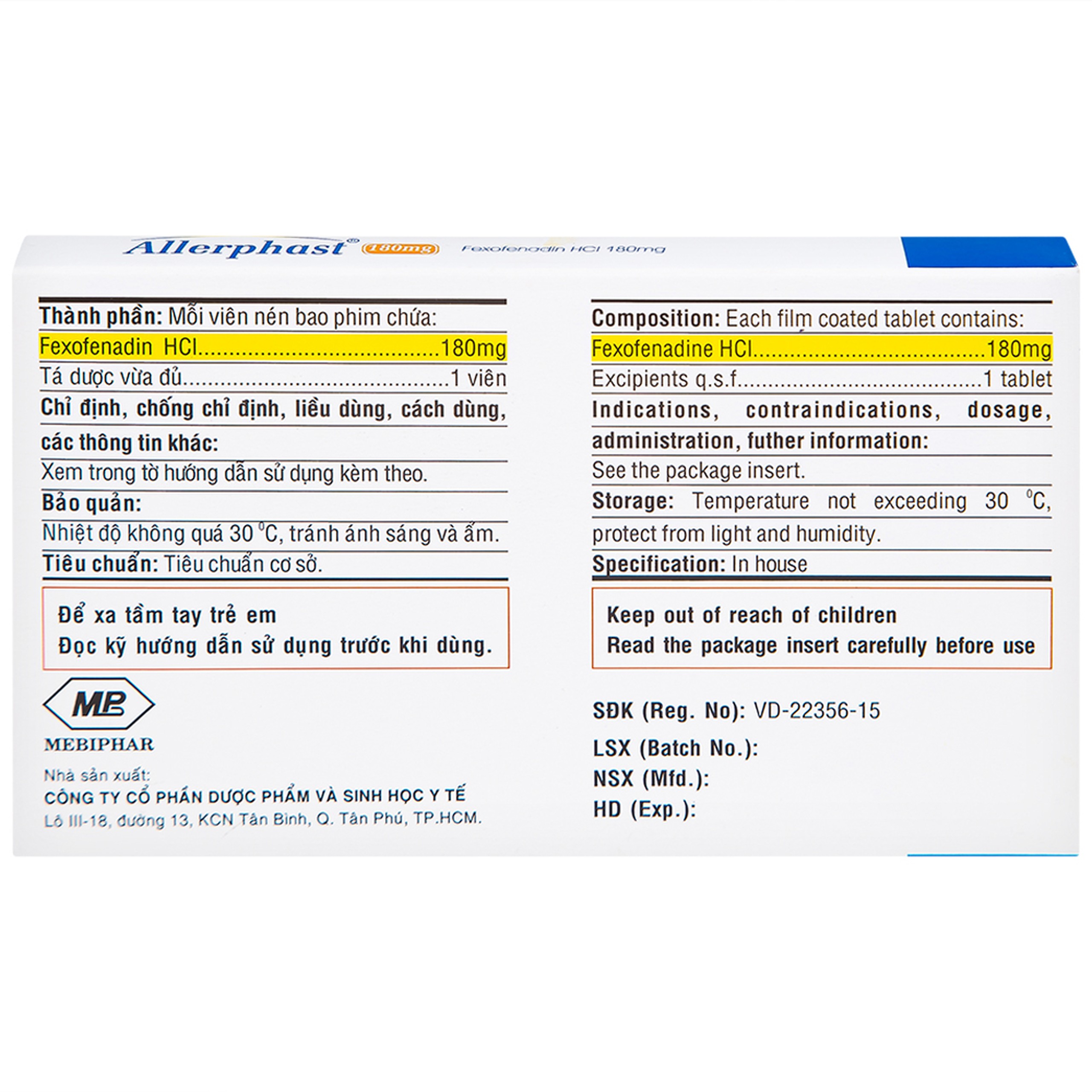Thuốc Allerphast 180mg Mebiphar điều trị viêm mũi dị ứng theo mùa, mày đay mạn tính vô căn (1 vỉ x 10 viên)