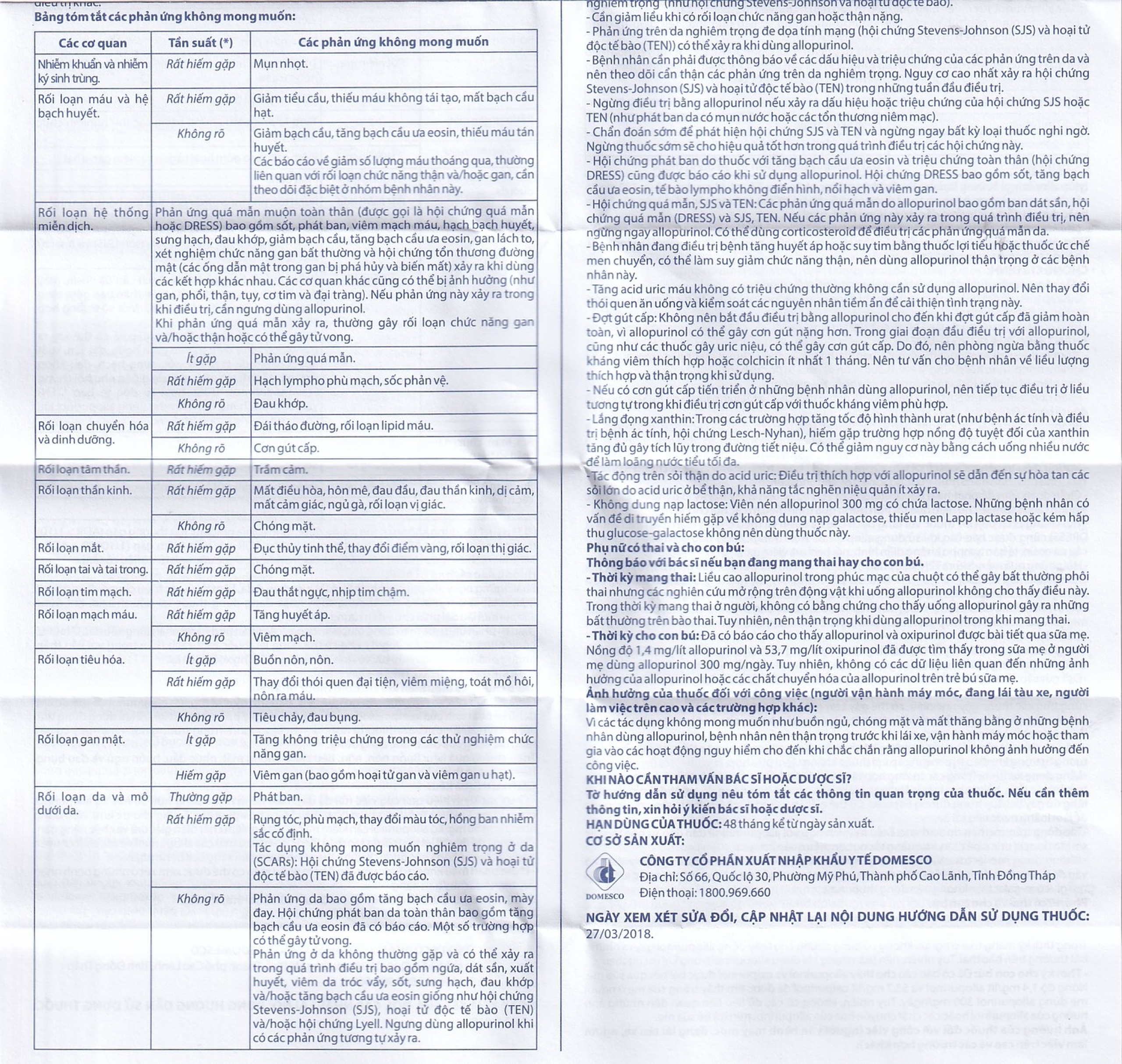 Thuốc Allopurinol 300mg Domesco điều trị tăng acid uric máu, sỏi thận (100 viên)