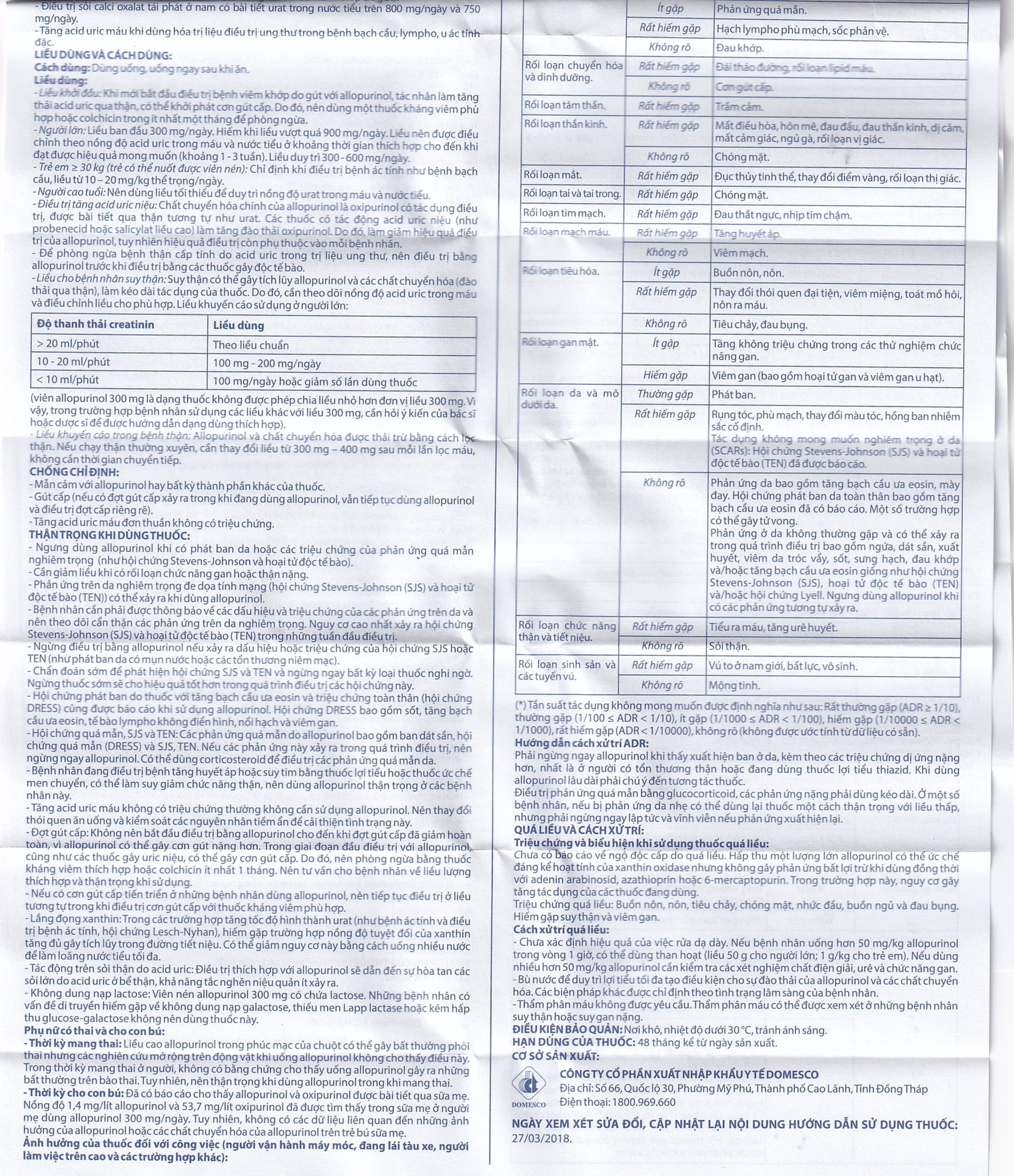 Thuốc Allopurinol 300mg Domesco điều trị tăng acid uric máu, sỏi thận (100 viên)