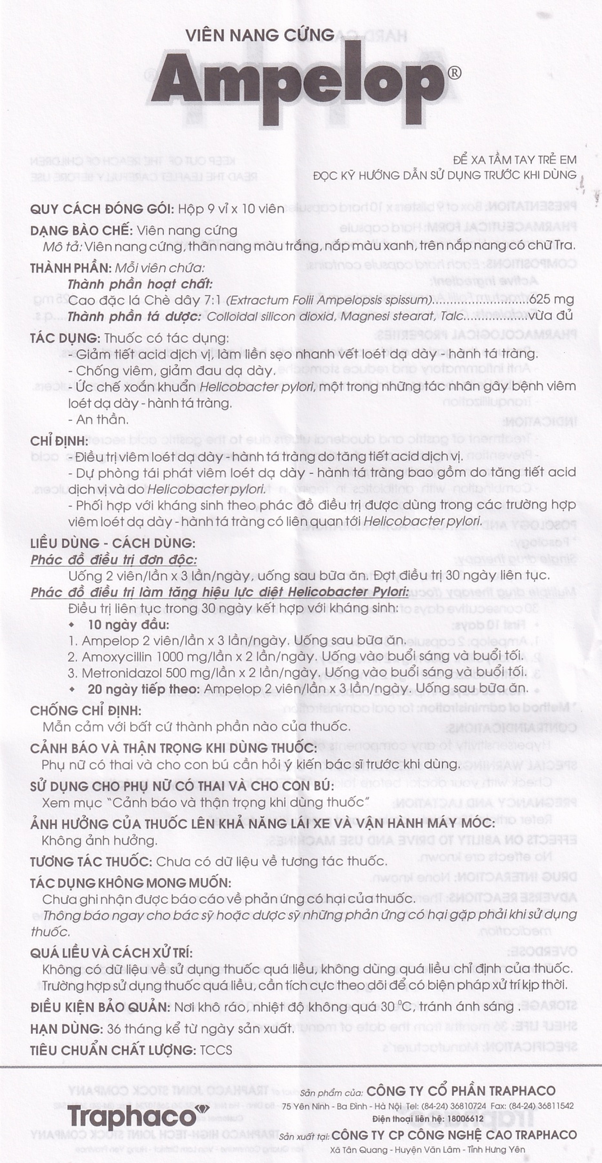 Thuốc Ampelop 625mg Traphaco điều trị viêm loét dạ dày, hành tá tràng (9 vỉ x 10 viên)