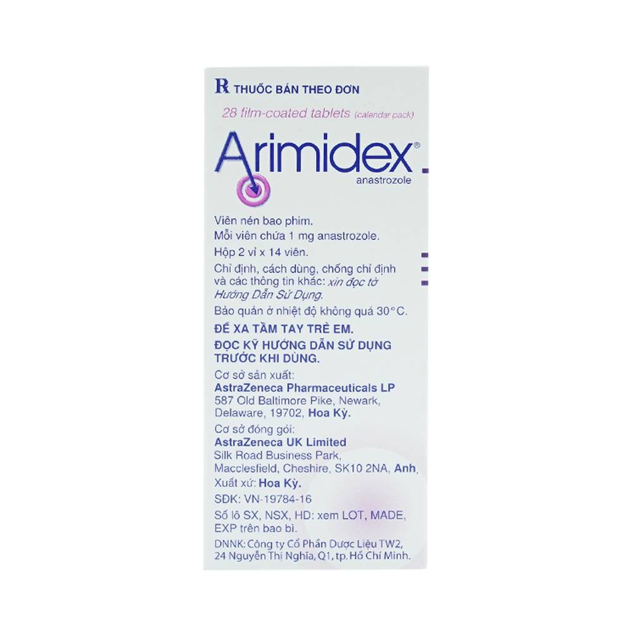 Thuốc Arimidex 1mg AstraZeneca điều trị ung thư vú tiến triển (2 vỉ x 14 viên)