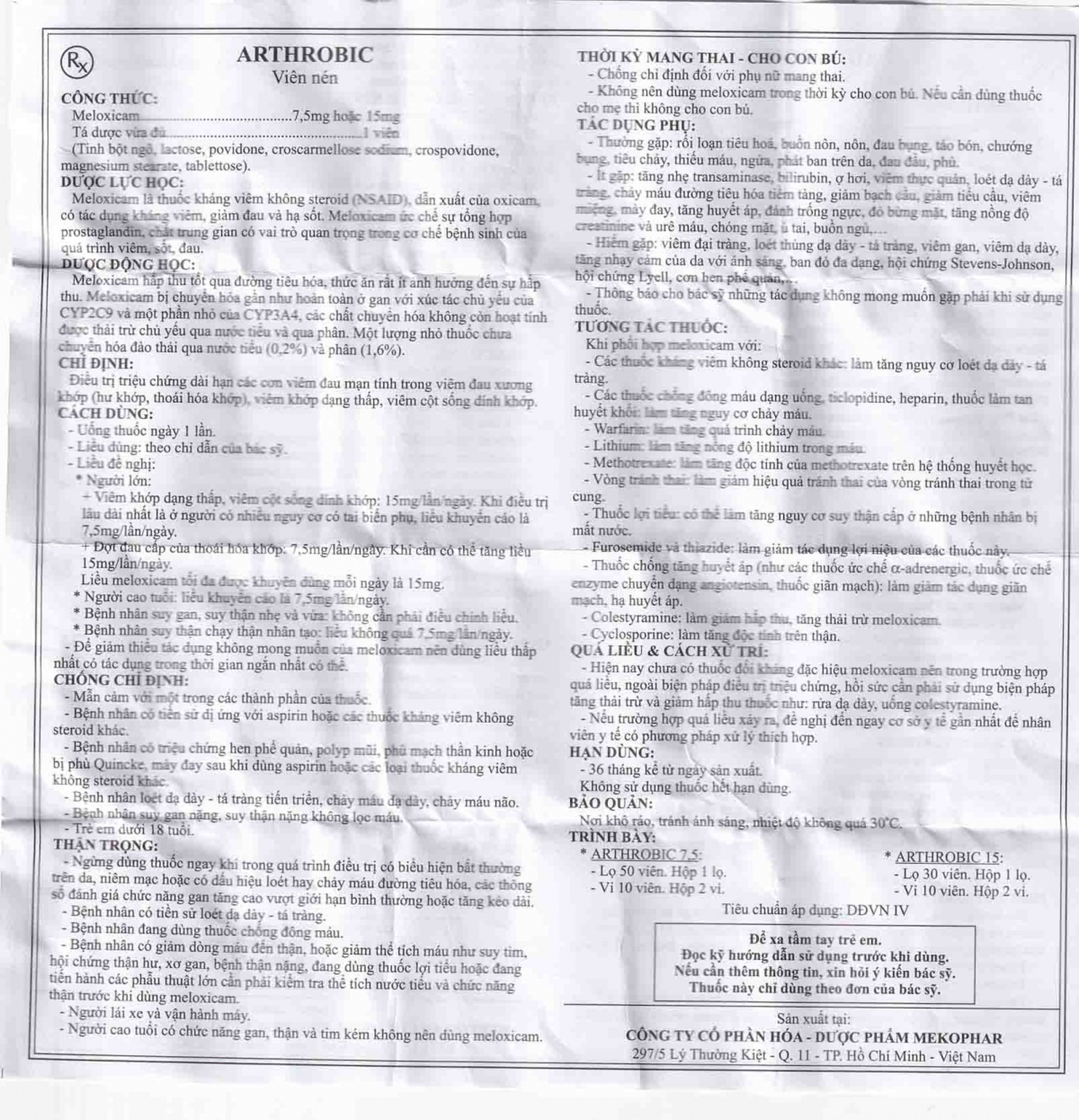 Thuốc Arthrobic 15 Mekophar điều trị viêm đau xương khớp, viêm khớp dạng thấp (30 viên)