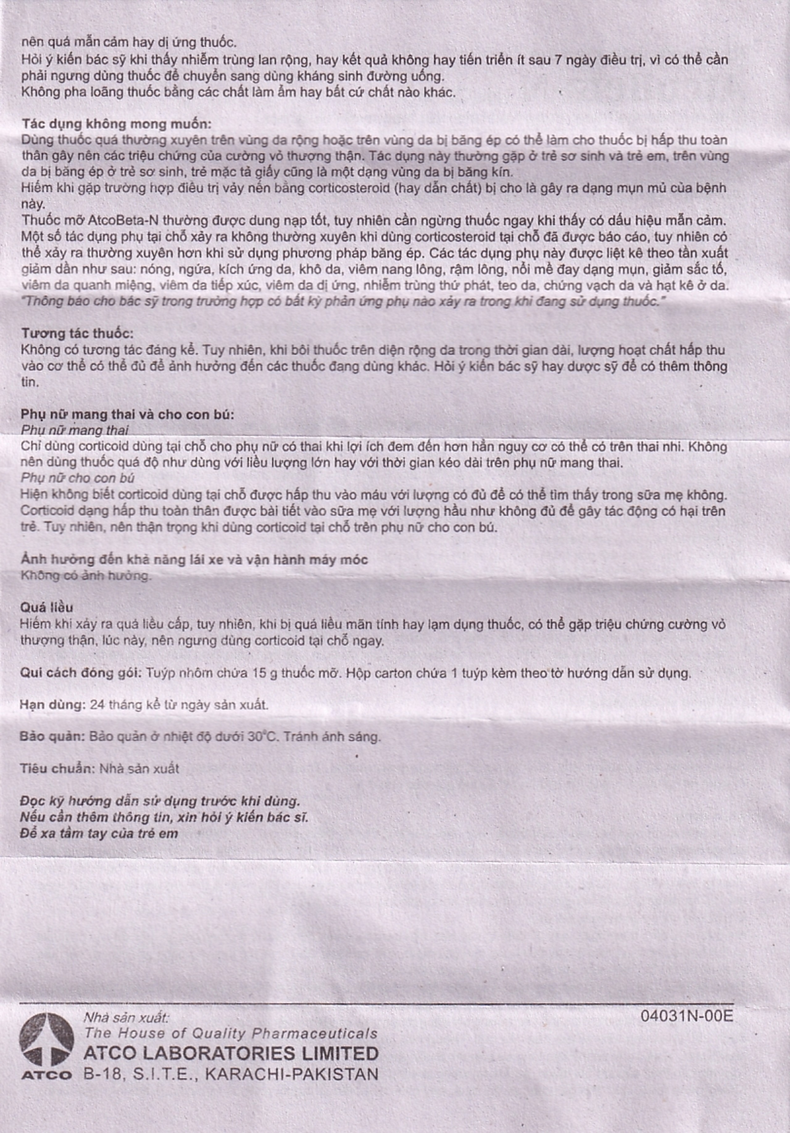 Thuốc mỡ Atcobeta-N 0,1% Atco điều trị viêm da, chàm dị ứng (15g)