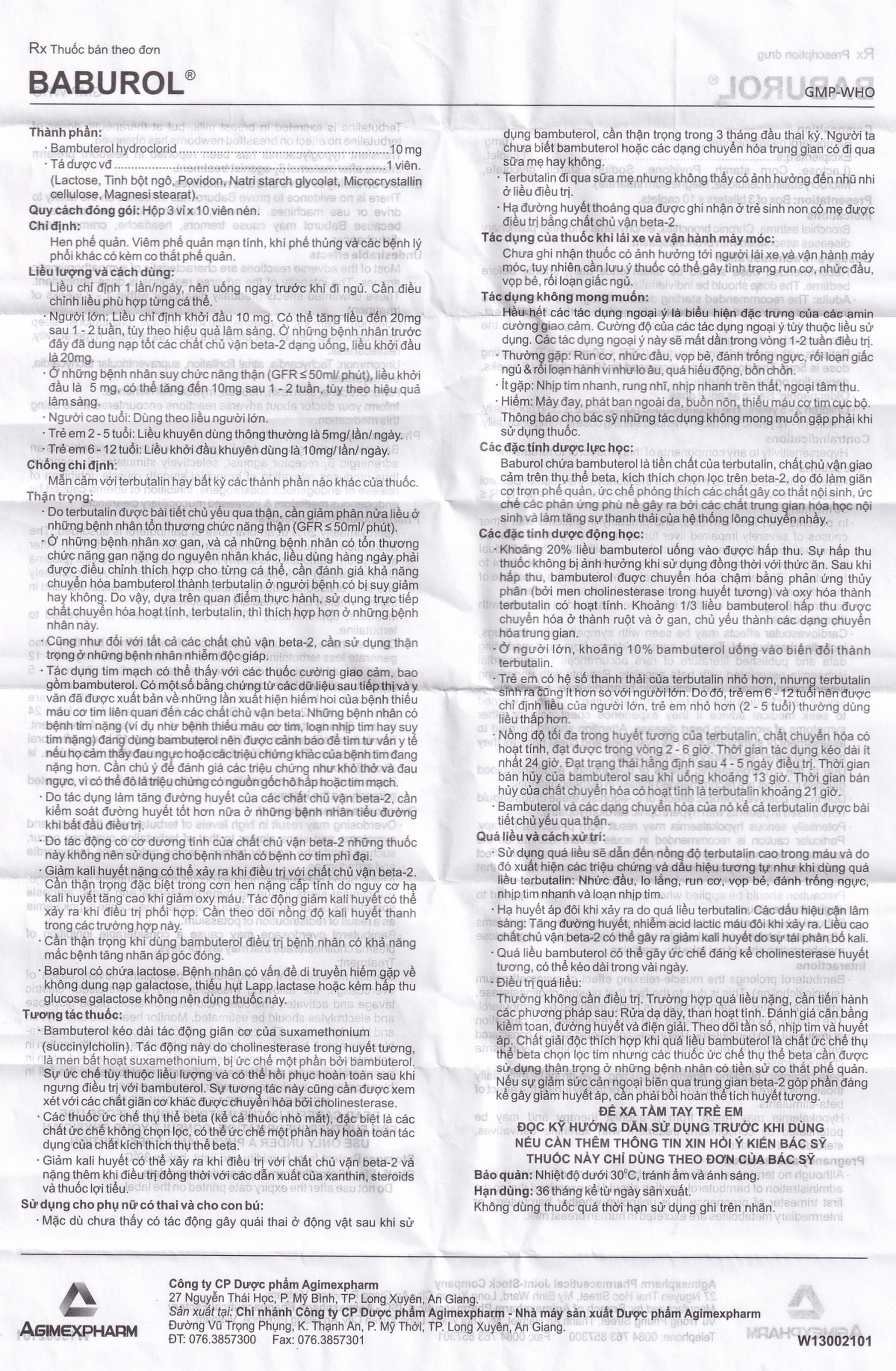 Thuốc Baburol Agimexpharm điều trị hen phế quản, viêm phế quản (3 vỉ x 10 viên)