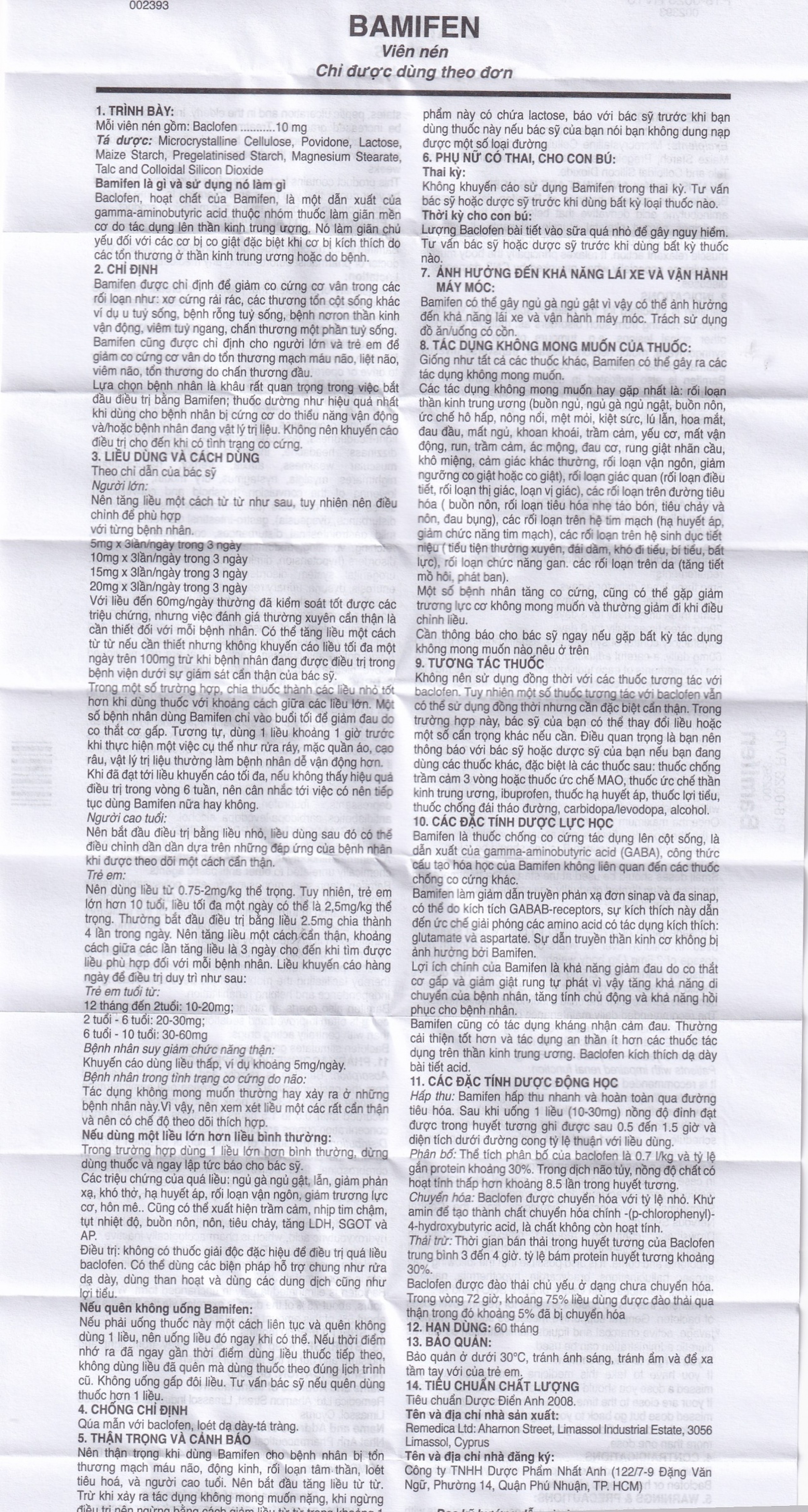 Thuốc Bamifen 10mg Remedica giảm co cứng cơ vân (6 vỉ x 10 viên)