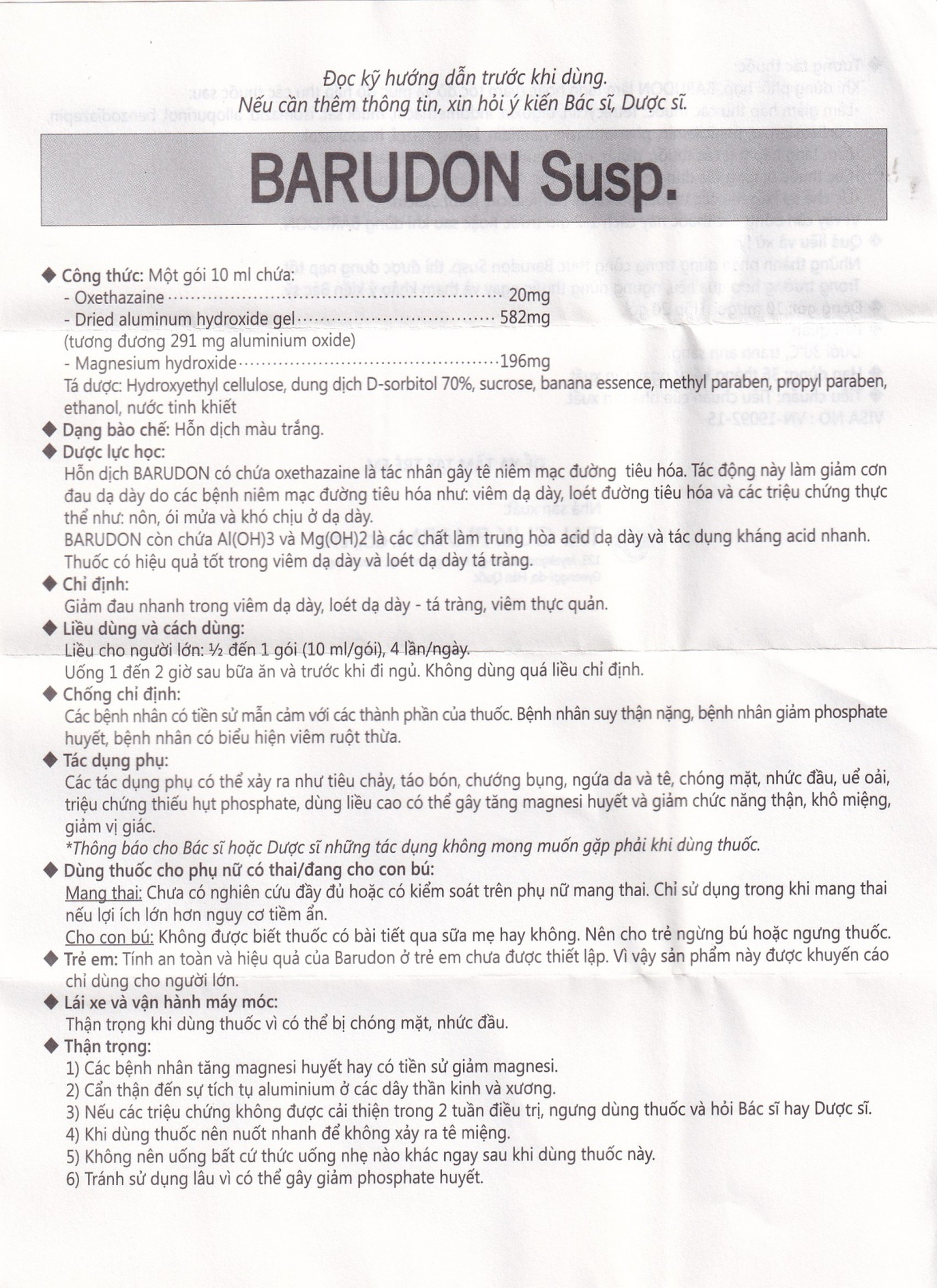 Hỗn dịch Barudon Susp Clesstra giảm đau nhanh trong viêm dạ dày, loét dạ dày - tá tràng (20 gói x 10ml)