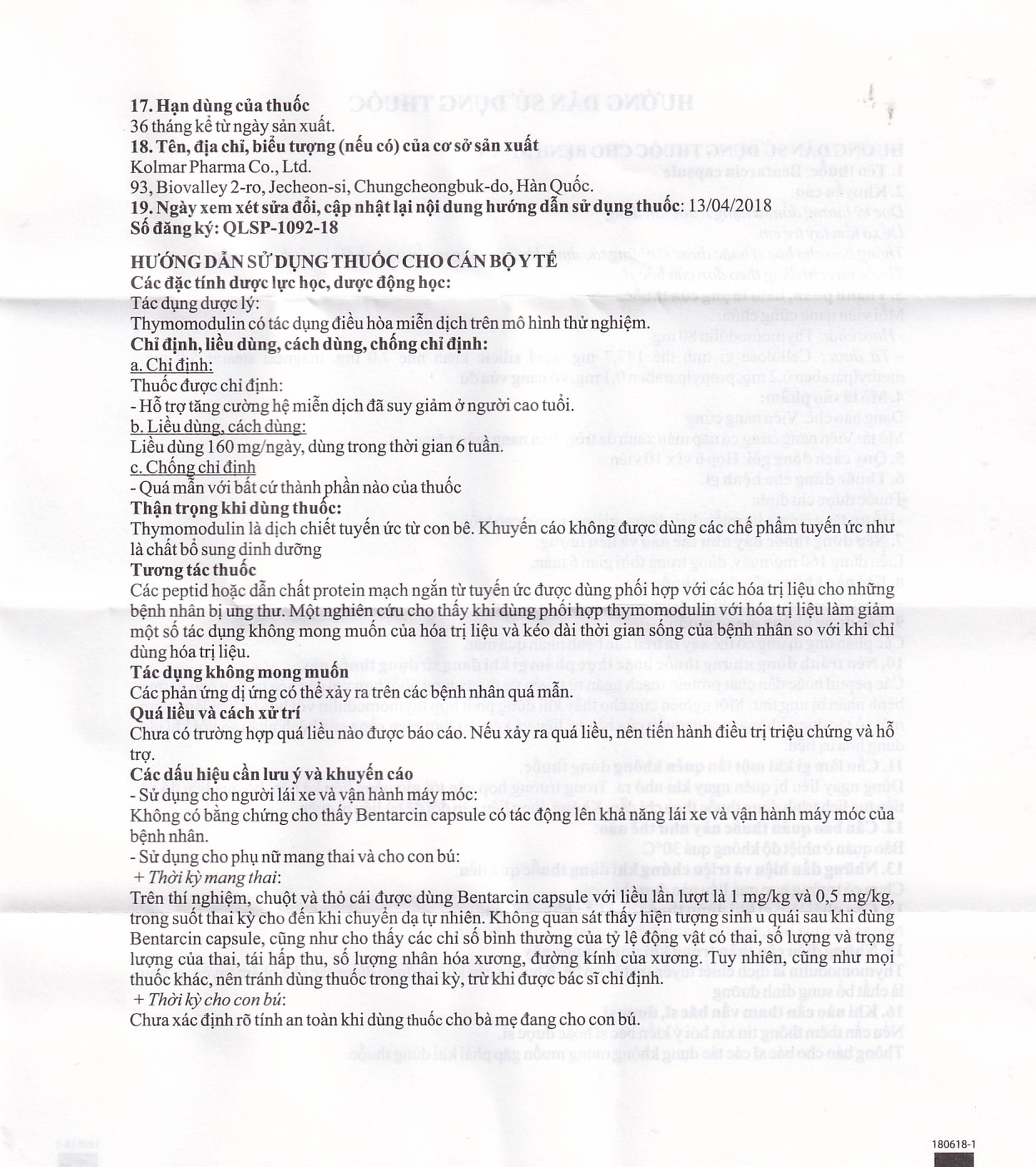 Thuốc Bentarcin 80mg Kolmar chống ung thư, hỗ trợ điều trị tác động vào hệ miễn dịch (6 vỉ x 10 viên)