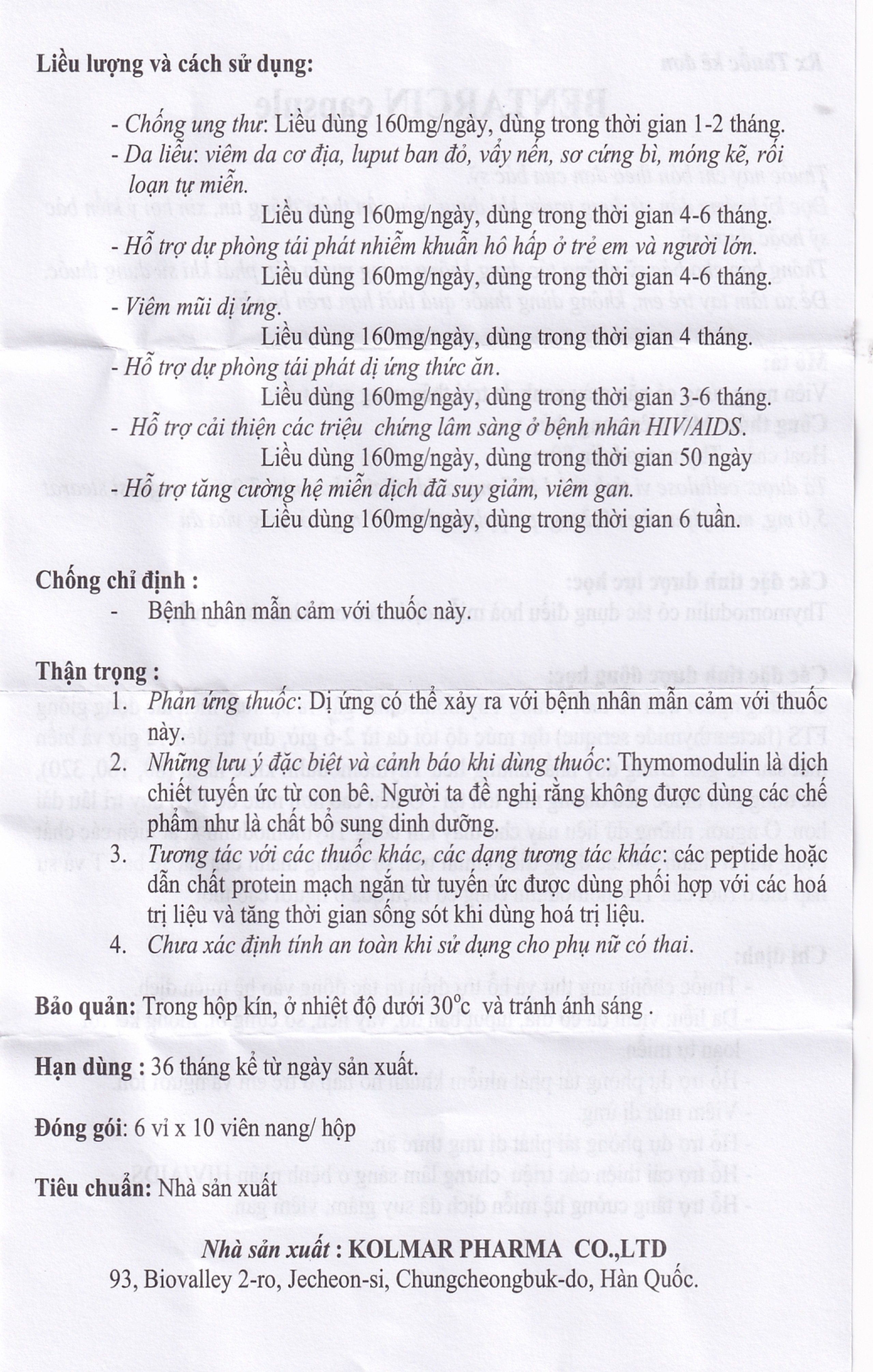 Thuốc Bentarcin 80mg Kolmar chống ung thư, hỗ trợ điều trị tác động vào hệ miễn dịch (6 vỉ x 10 viên)