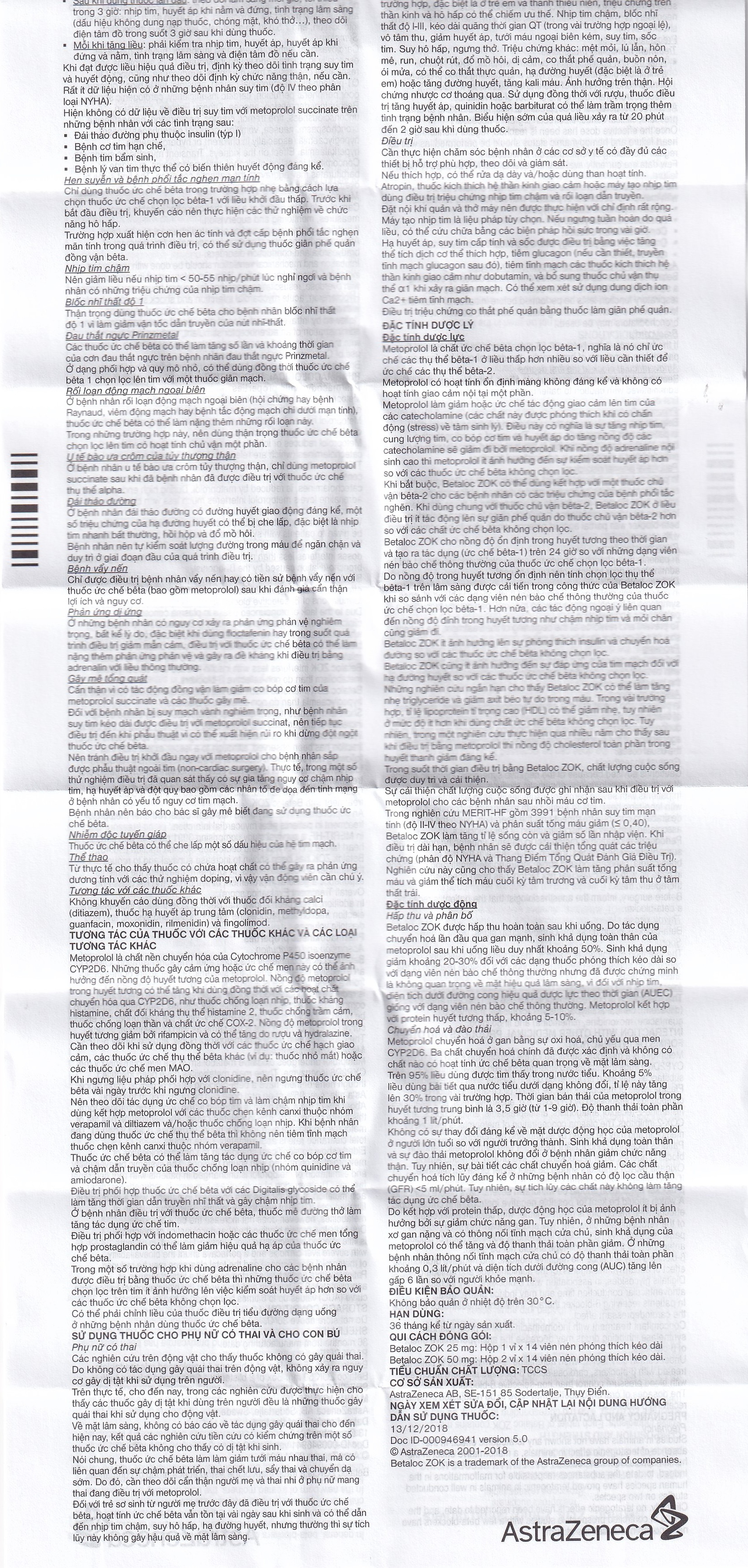 Thuốc Betaloc Zok 50mg AstraZeneca điều trị tăng huyết áp (2 vỉ x 14 viên)