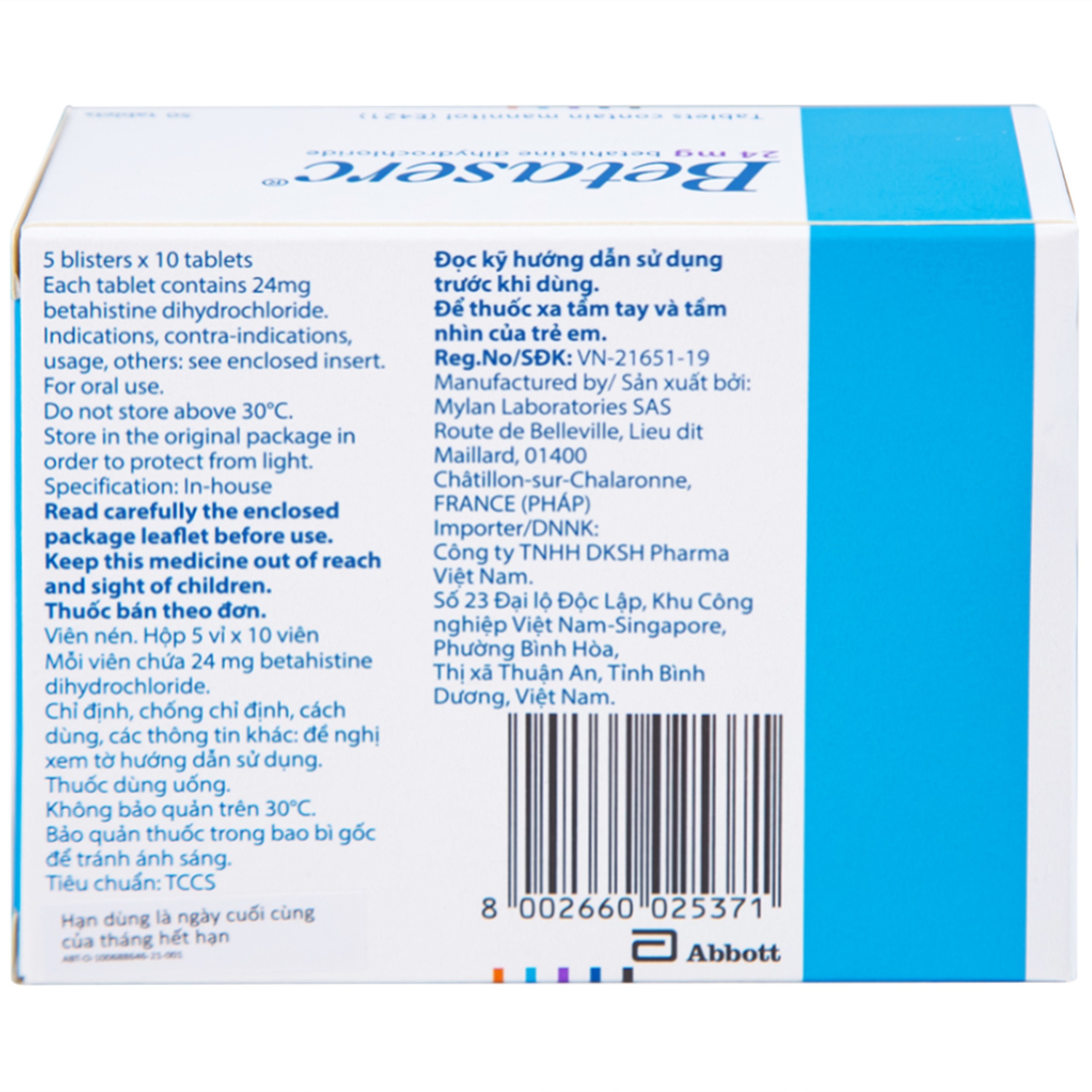 Thuốc Betaserc 24mg Abbott điều trị hội chứng Meniere (5 vỉ x 10 viên)