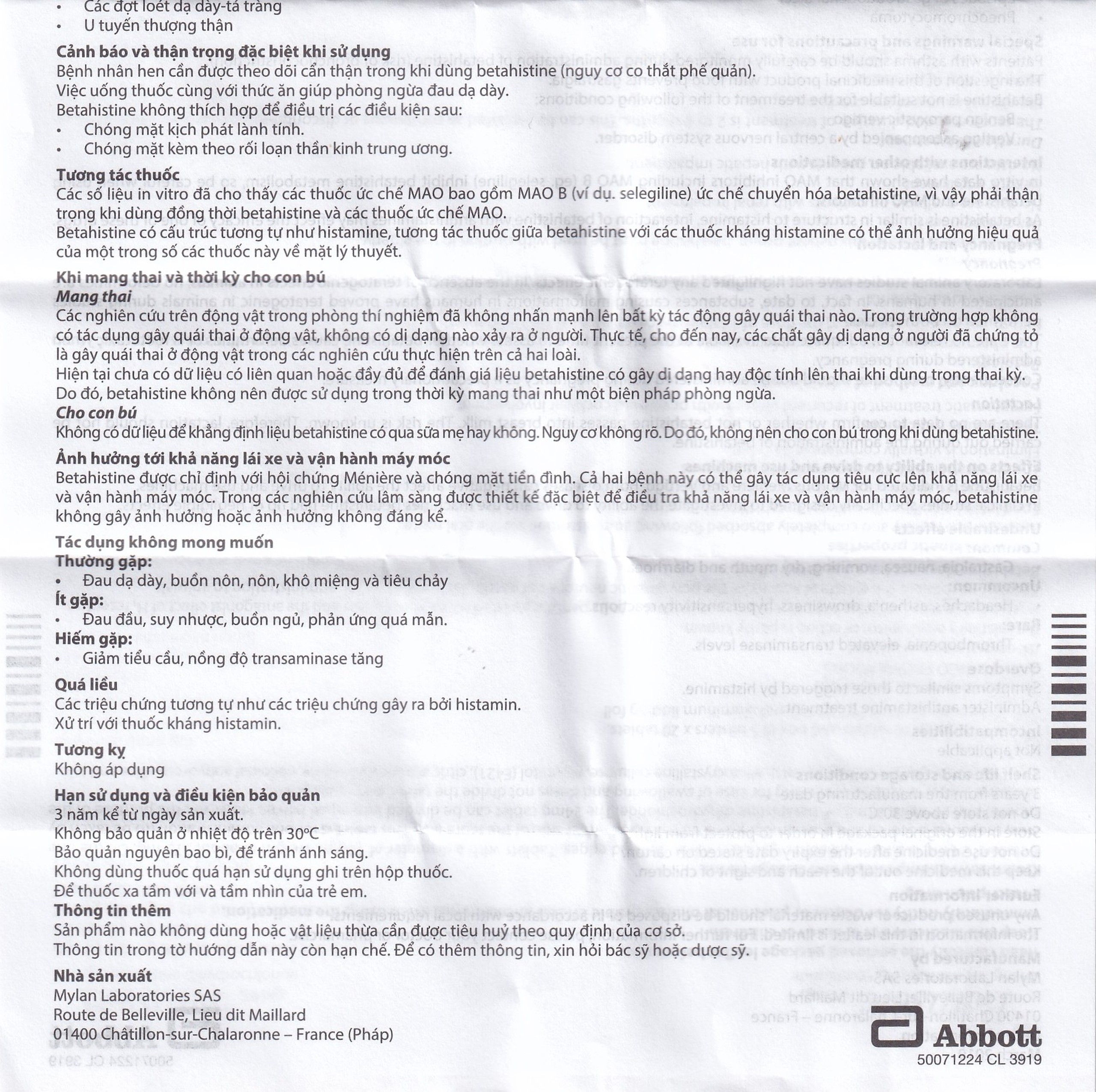 Thuốc Betaserc 24mg Abbott điều trị hội chứng Meniere (5 vỉ x 10 viên)