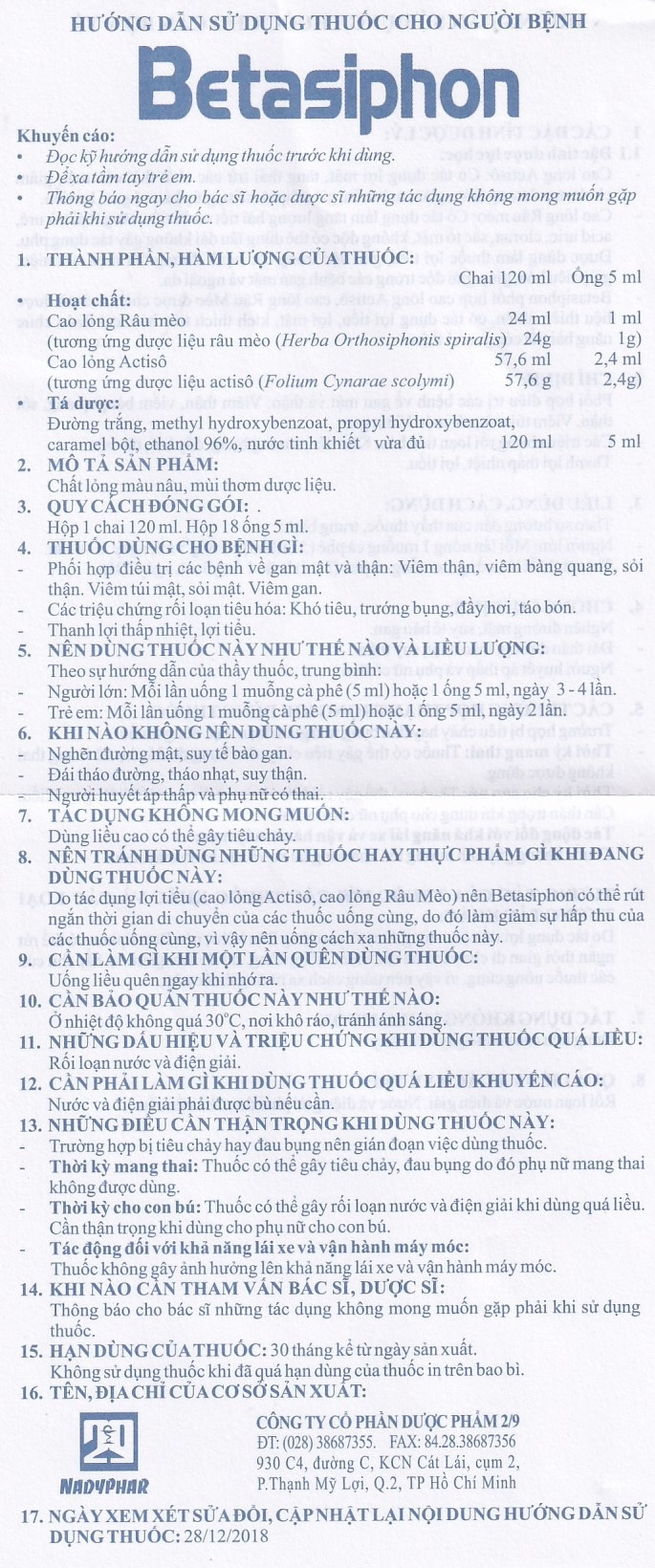 Dung dịch Betasiphon Nadyphar lợi tiểu, giải độc (18 ống x 5ml)