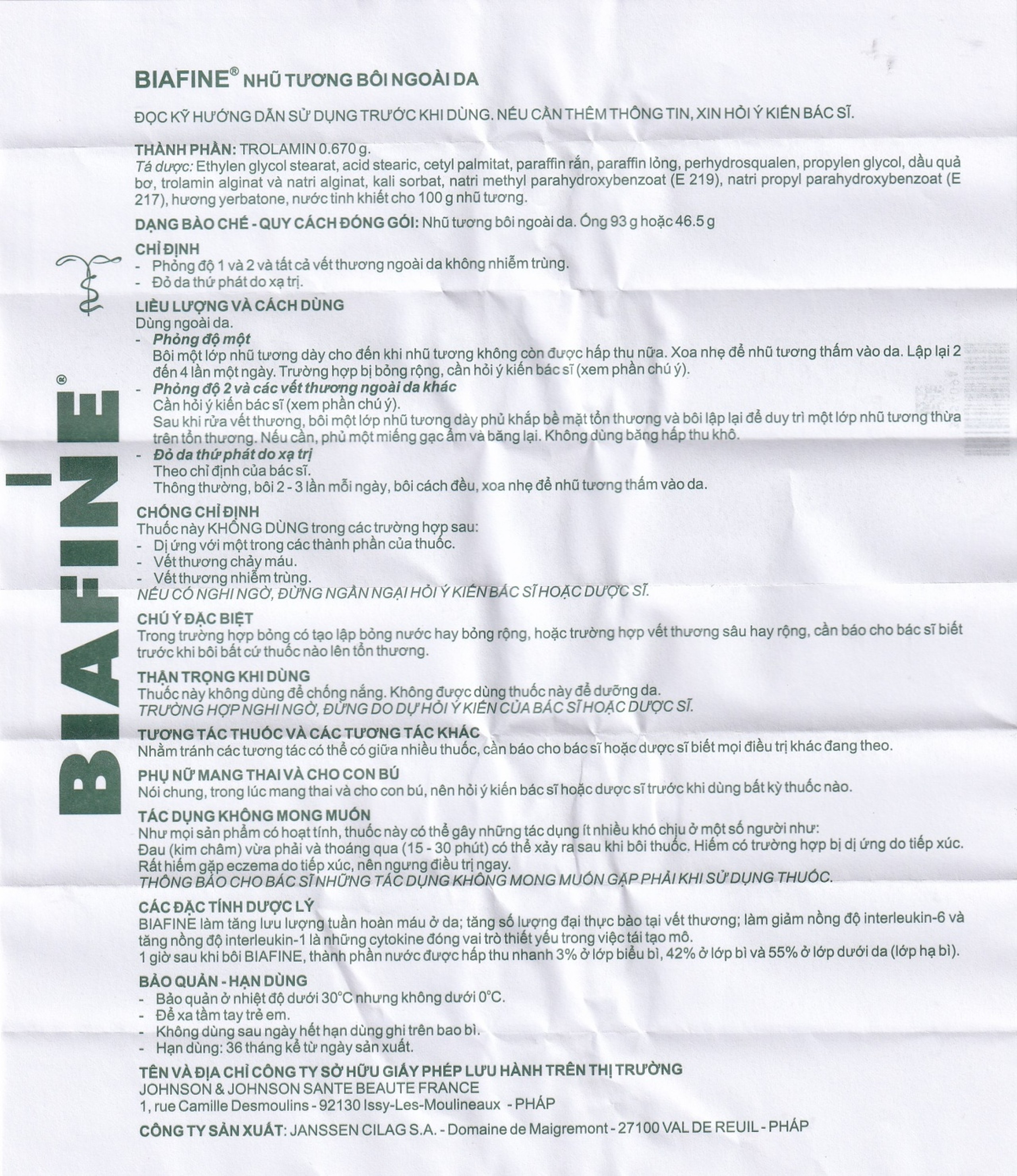 Nhũ tương Biafine Janssen điều trị bỏng độ 1, độ 2, các vết thương ngoài da không nhiễm trùng (46.5g)