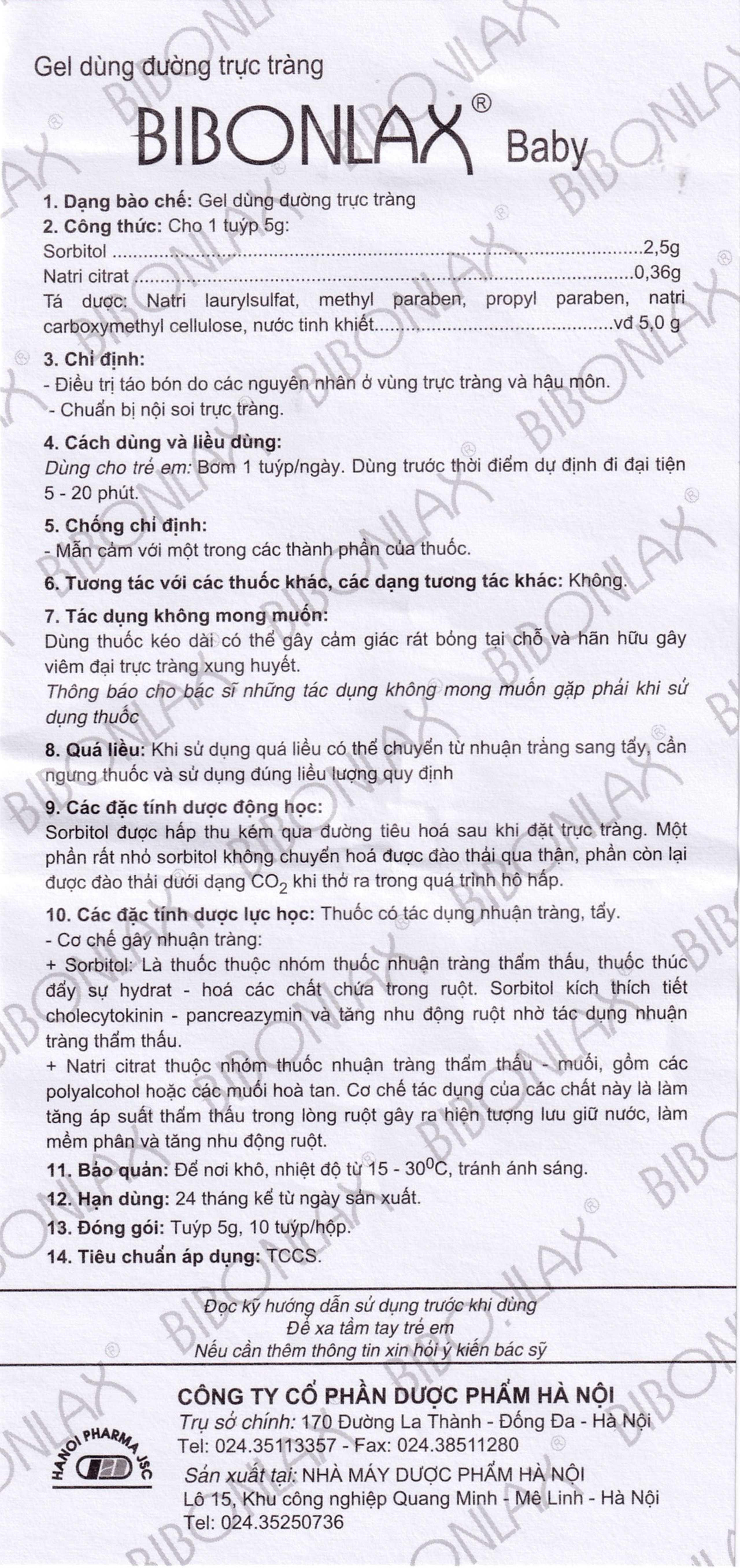 Gel dùng đường trực tràng Bibonlax Baby Hanoi Pharma điều trị táo bón (10 ống x 5g)