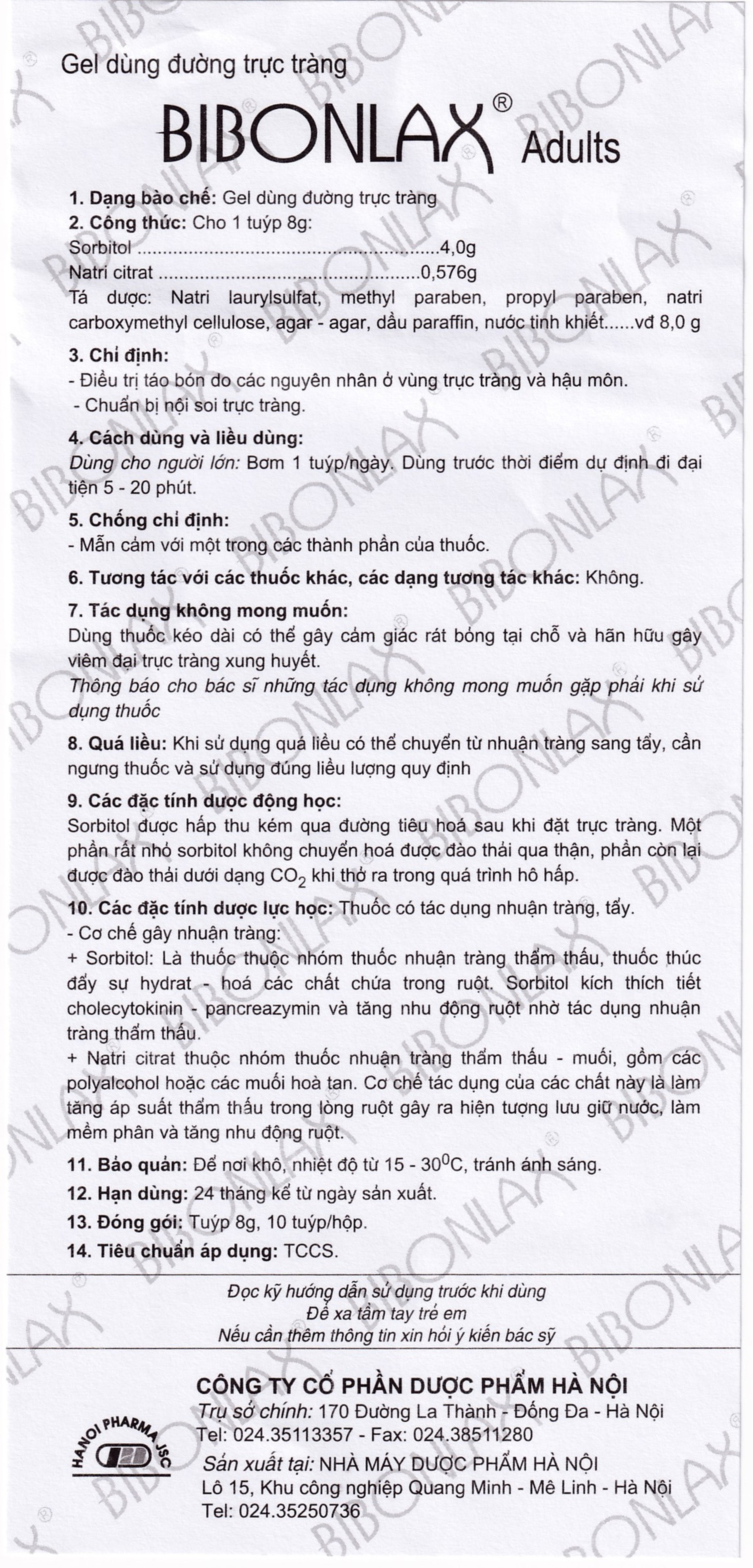 Gel dùng đường trực tràng Bibonlax Adults Hanoi Pharma điều trị táo bón (10 ống x 8g)