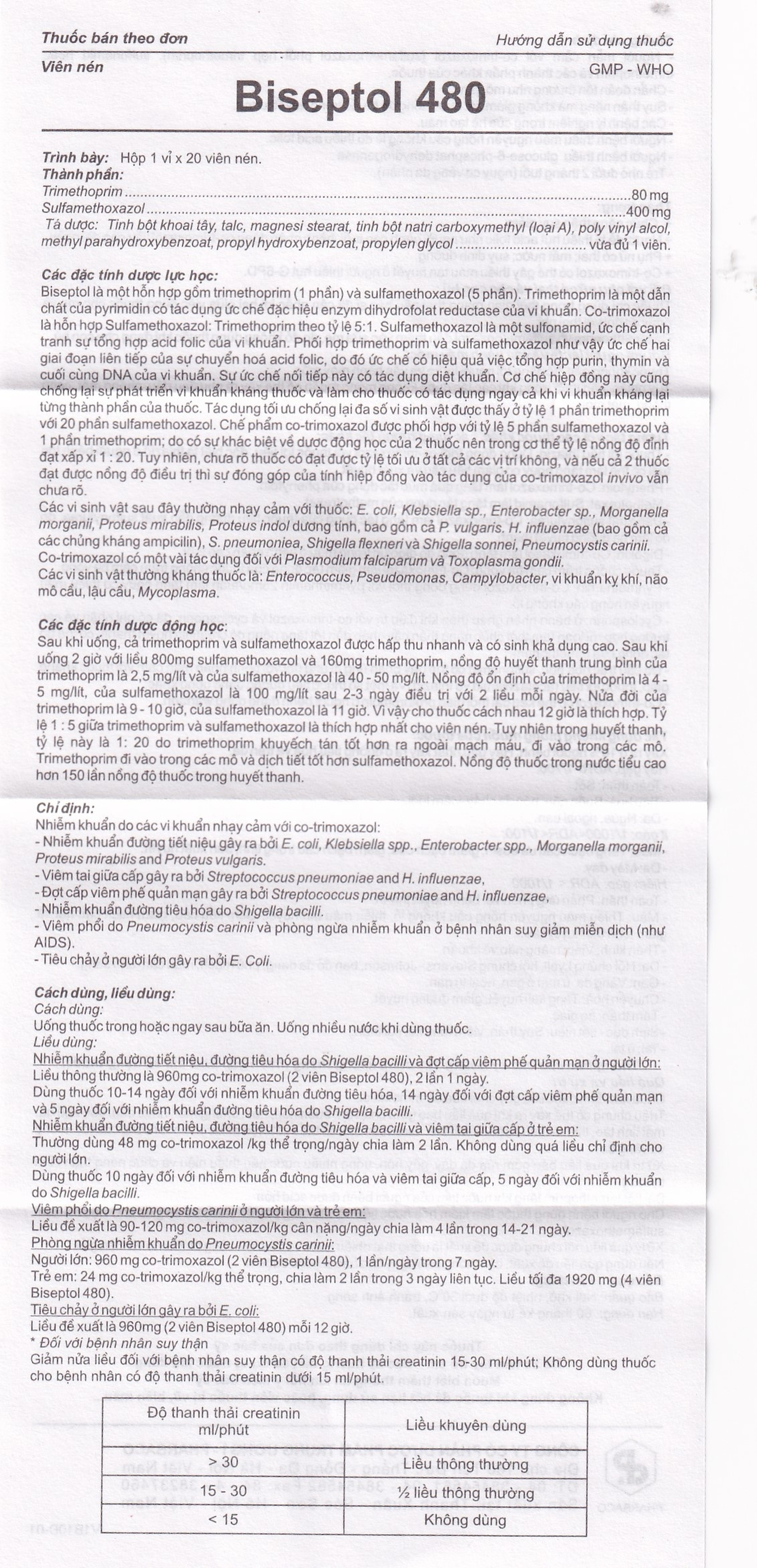 Thuốc Biseptol Pharbaco điều trị nhiễm khuẩn do các vi khuẩn nhạy cảm (1 vỉ x 20 viên)