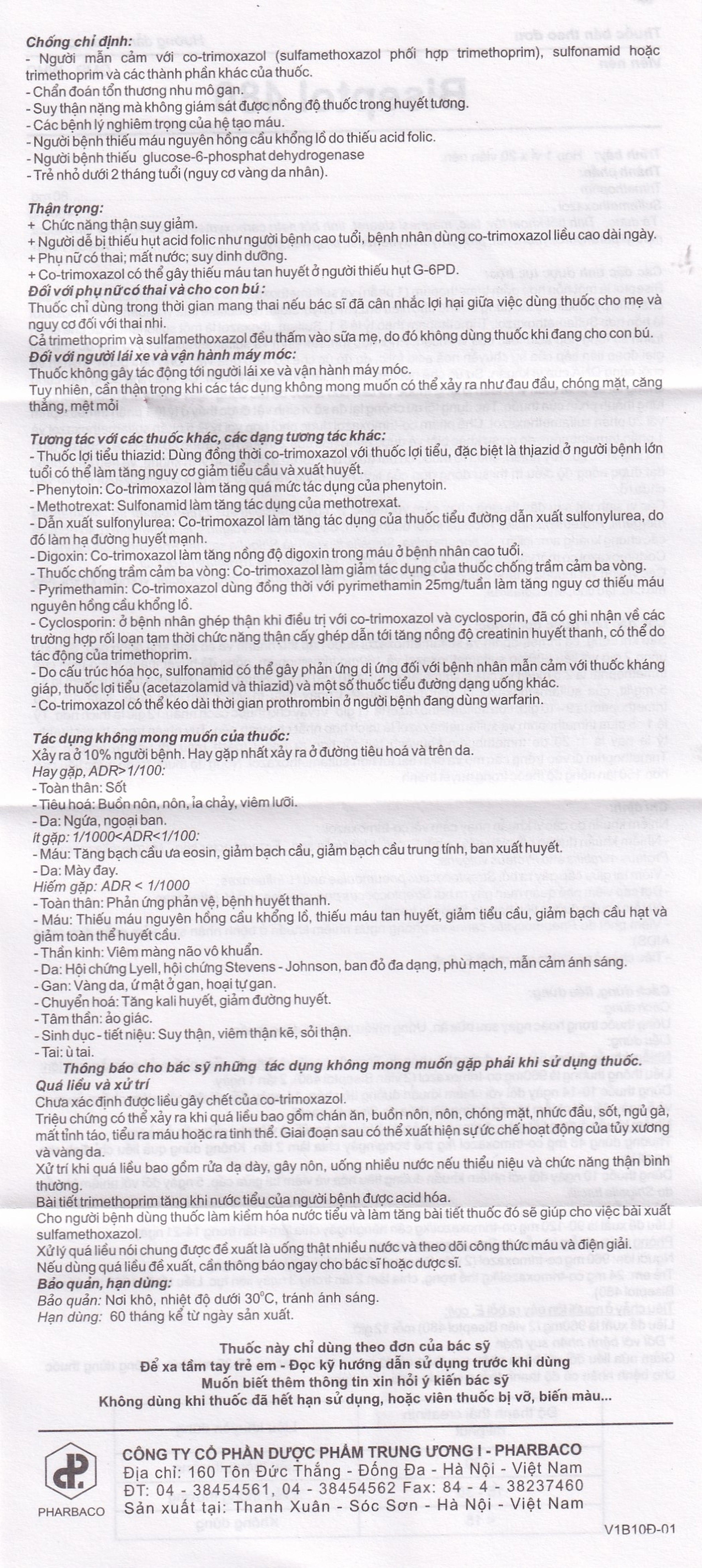 Thuốc Biseptol Pharbaco điều trị nhiễm khuẩn do các vi khuẩn nhạy cảm (1 vỉ x 20 viên)