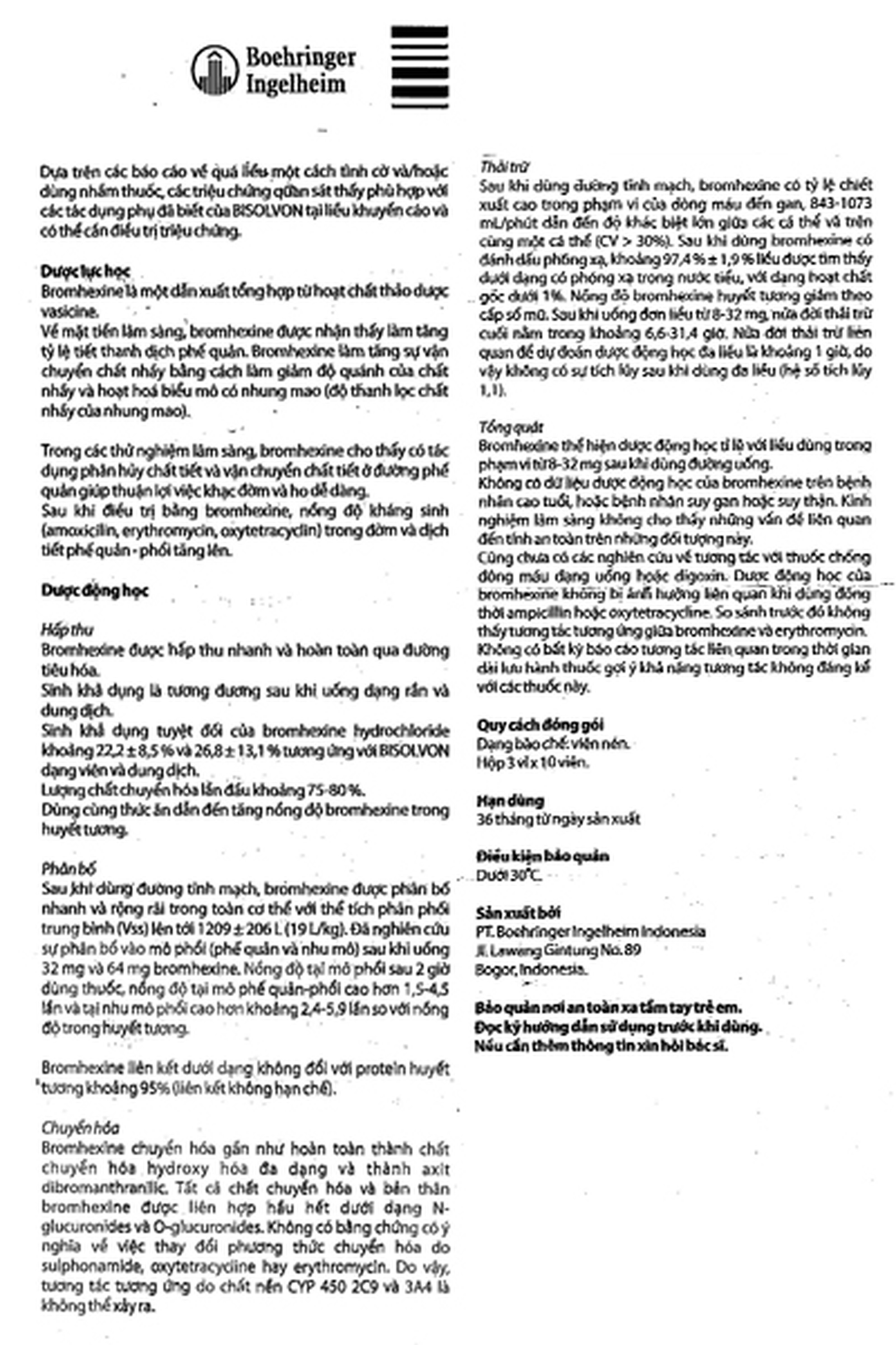 Thuốc Bisolvon 8mg Boehringer làm loãng đờm, tiêu chất nhầy (3 vỉ x 10 viên)