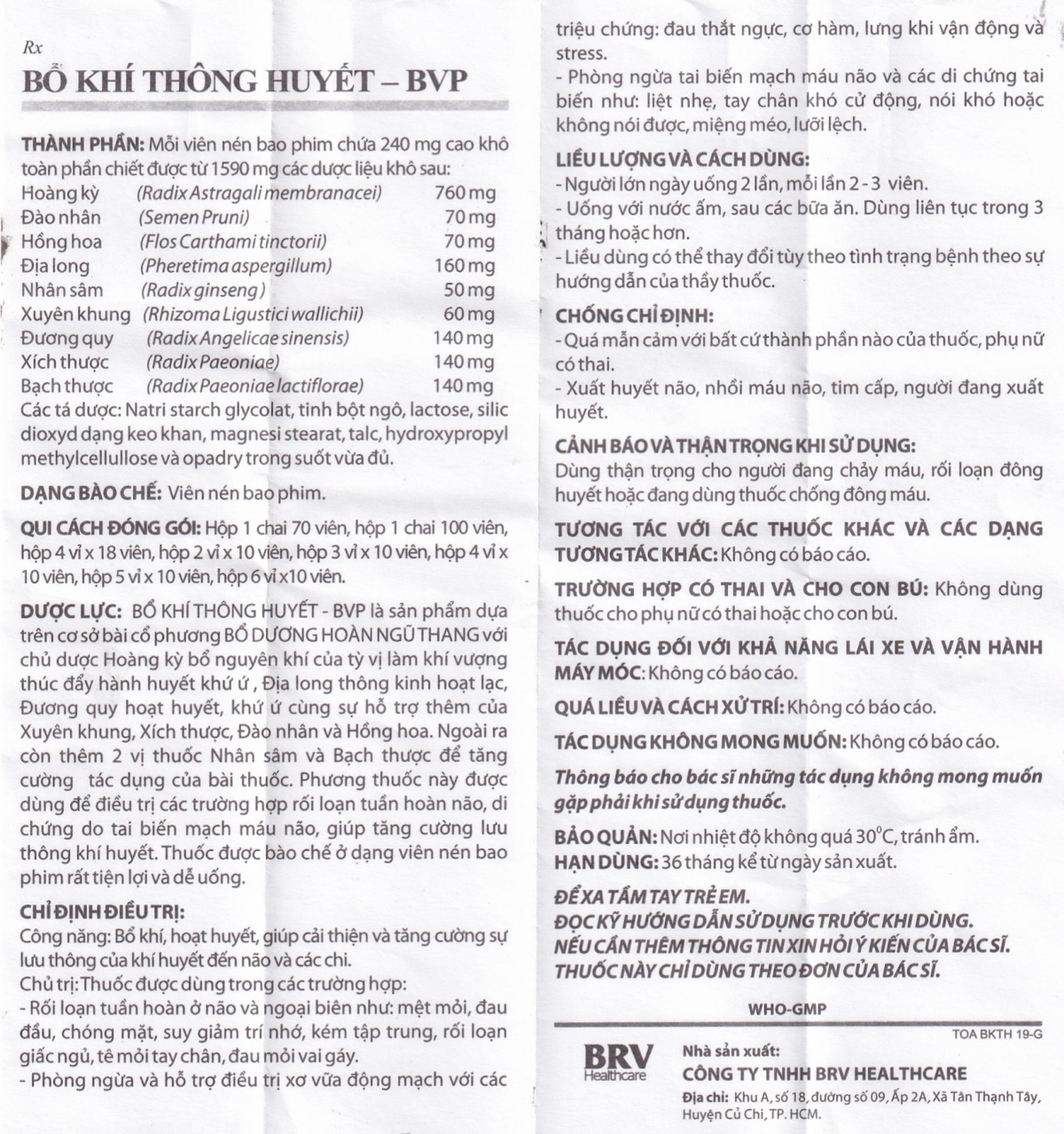 Thuốc Bổ Khí Thông Huyết BVP tăng cường lưu thông khí huyết đến não và các chi (3 vỉ x 10 viên)