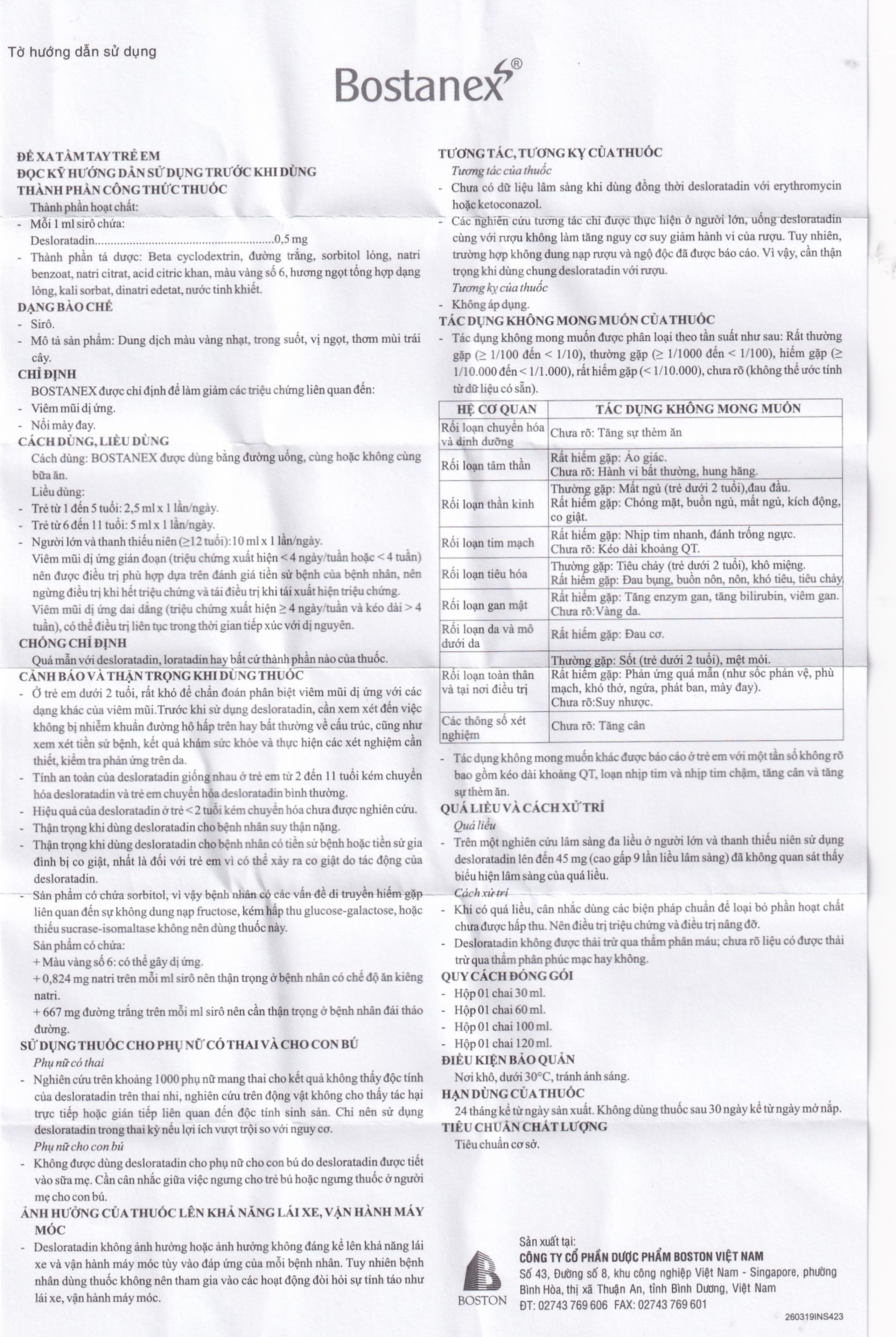Thuốc Bostanex Boston giảm viêm mũi dị ứng, nổi mày đay (60ml)