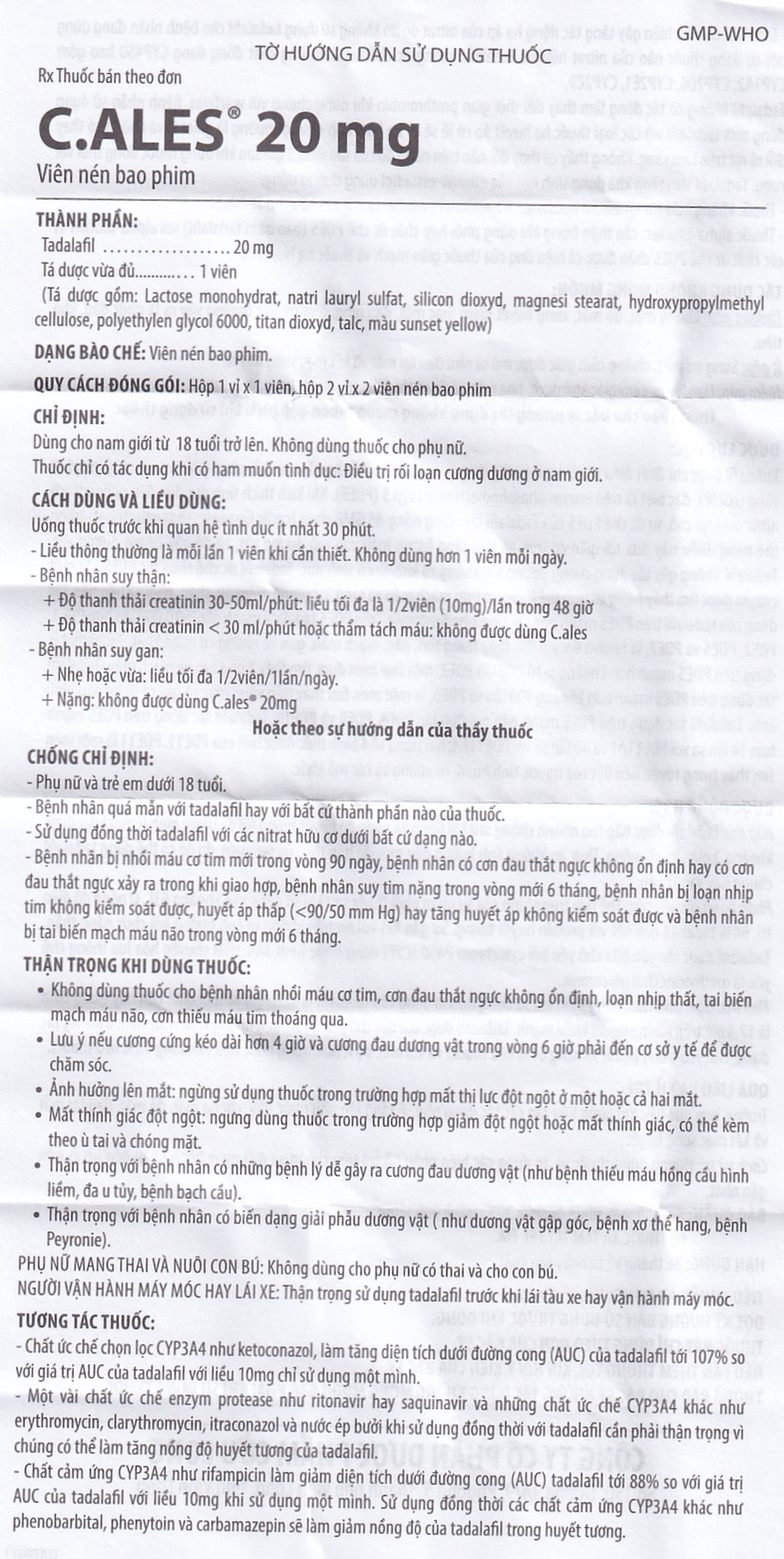Thuốc C.ales 20mg Pharimexco điều trị rối loạn cương dương (1 viên)