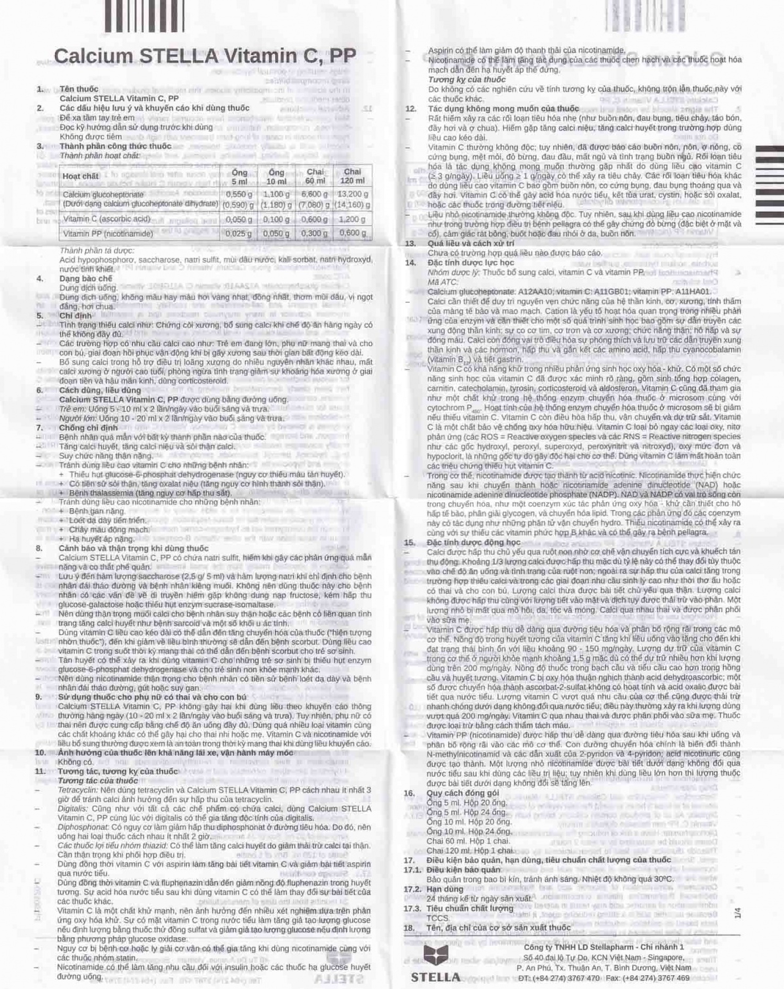 Dung dịch uống Calcium Stella Vitamin C, PP điều trị còi xương và bổ sung canxi (3 vỉ x 8 ống x 10ml)