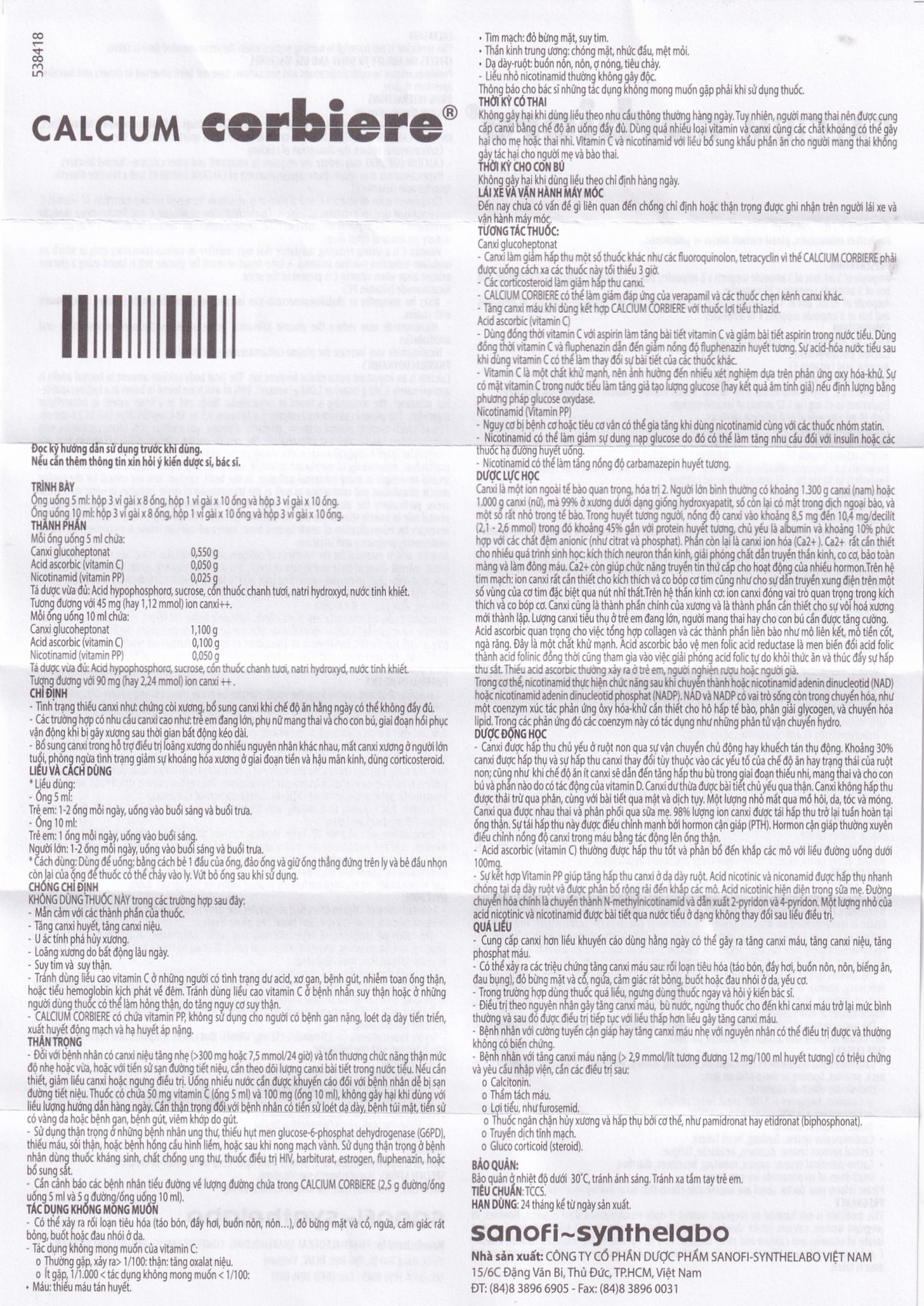Dung dịch uống Calcium Corbière Sanofi điều trị thiếu canxi, loãng xương (3 vỉ x 10 ống x 10ml)