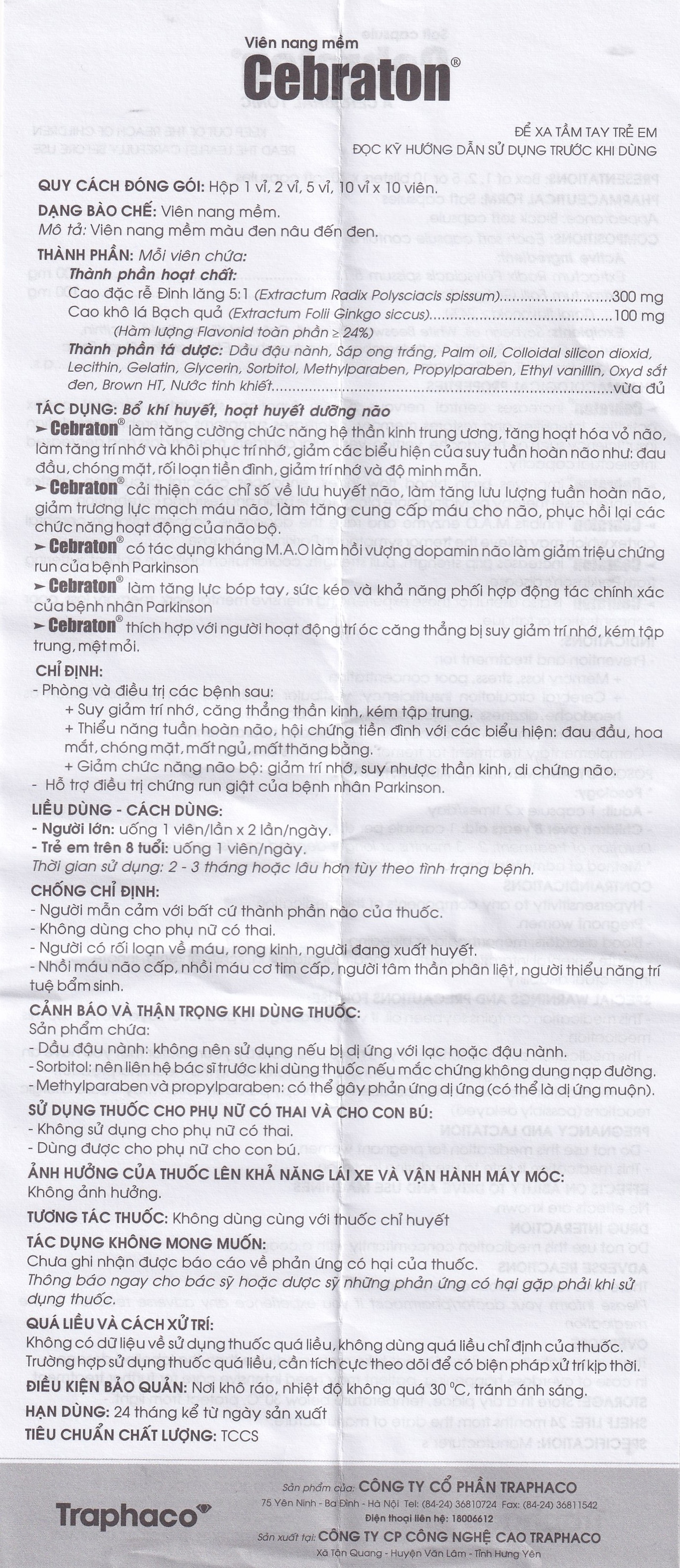 Thuốc Cebraton Traphaco bổ khí huyết, hoạt huyết dưỡng não (5 vỉ x 10 viên)