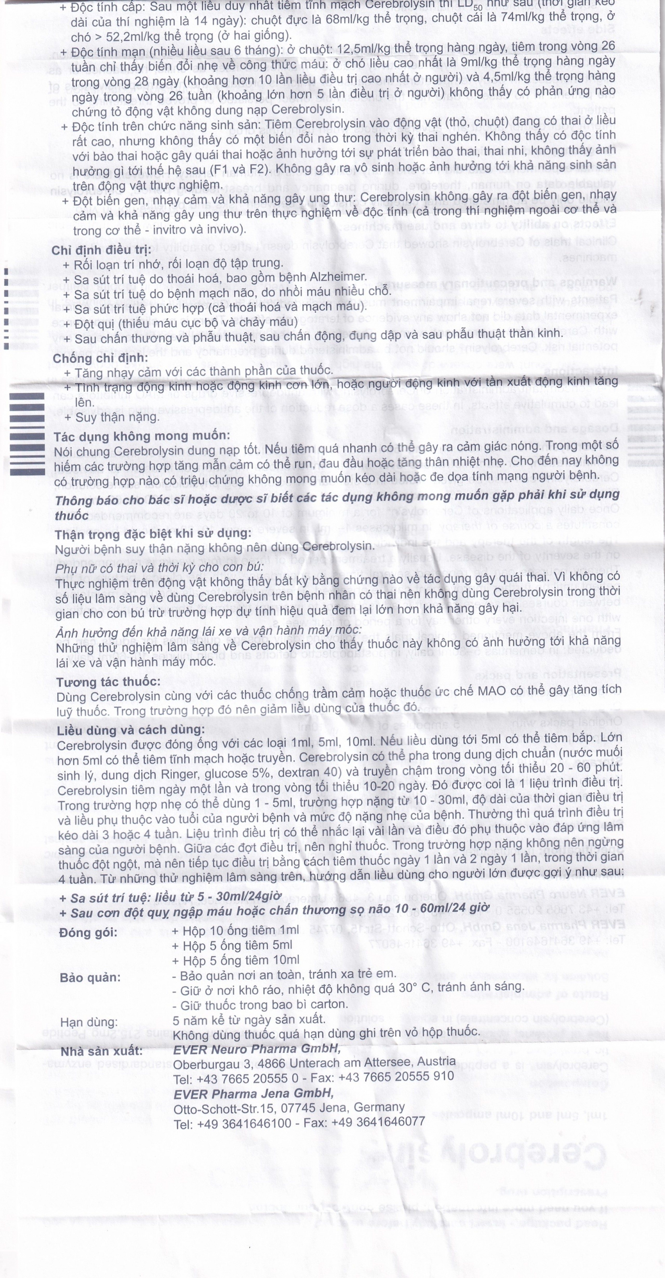 Thuốc tiêm Cerebrolysin 10ml điều trị rối loạn trí nhớ, sa sút trí tuệ (1 vỉ x 5 ống x 10ml)