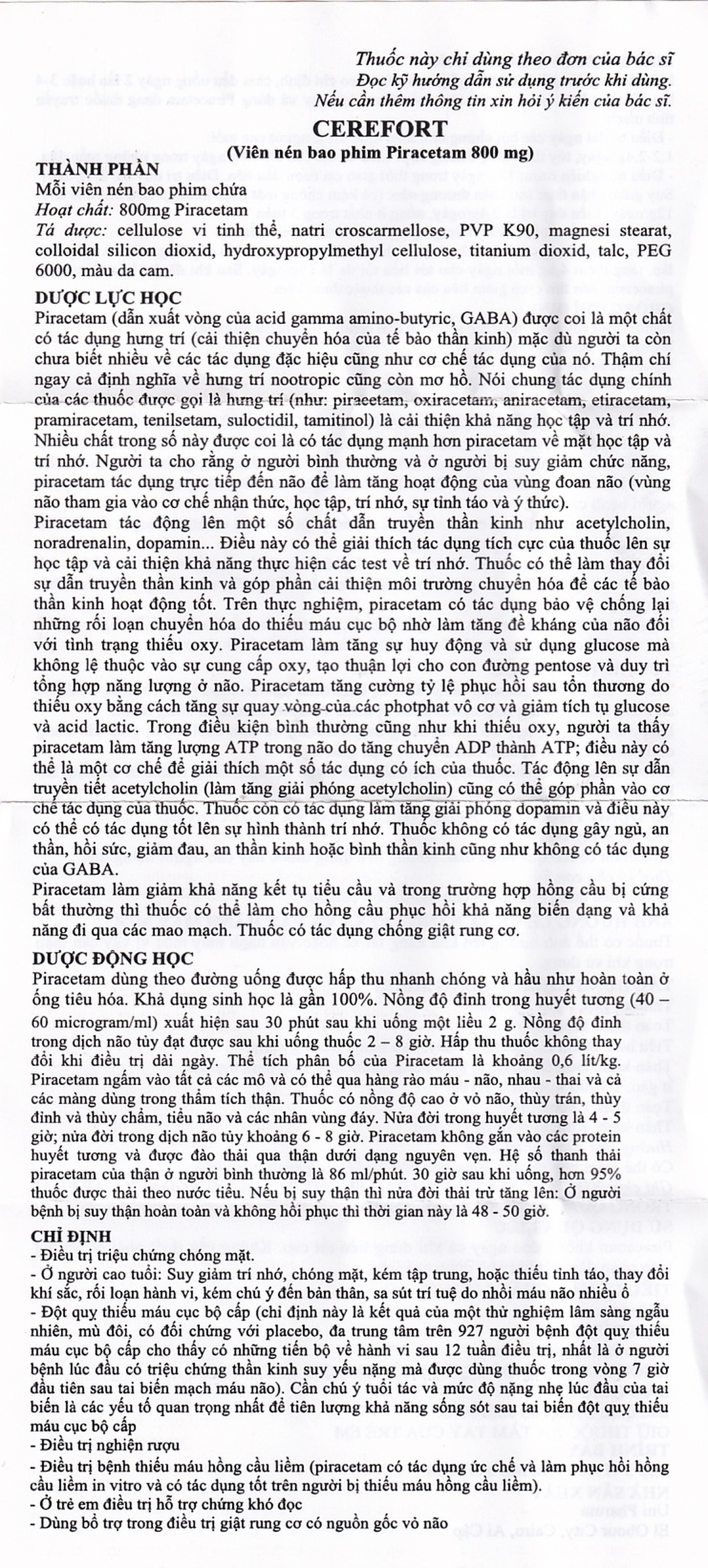 Thuốc Cerefort 800mg Unipharma điều trị chứng chóng mặt, suy giảm trí nhớ (3 vỉ x 10 viên)