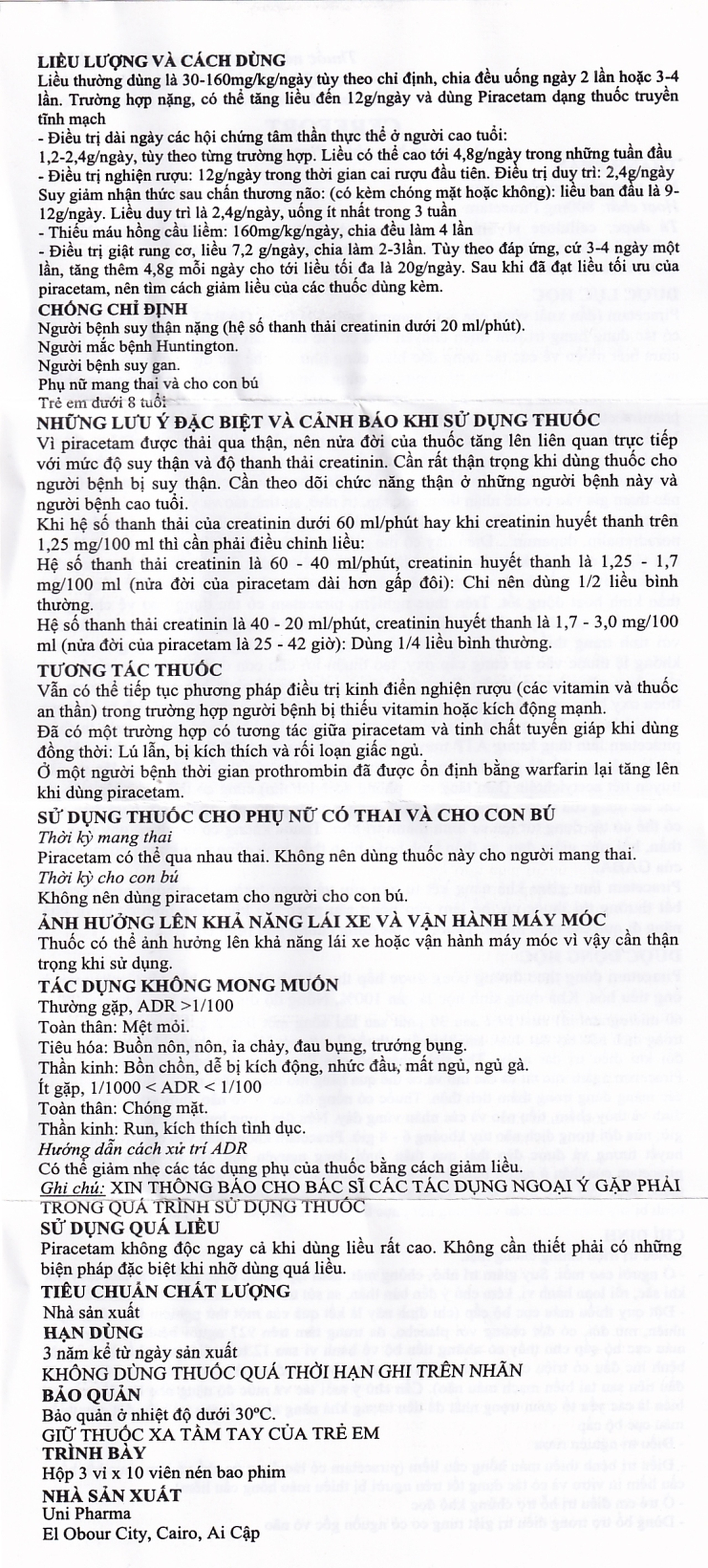 Thuốc Cerefort 800mg Unipharma điều trị chứng chóng mặt, suy giảm trí nhớ (3 vỉ x 10 viên)