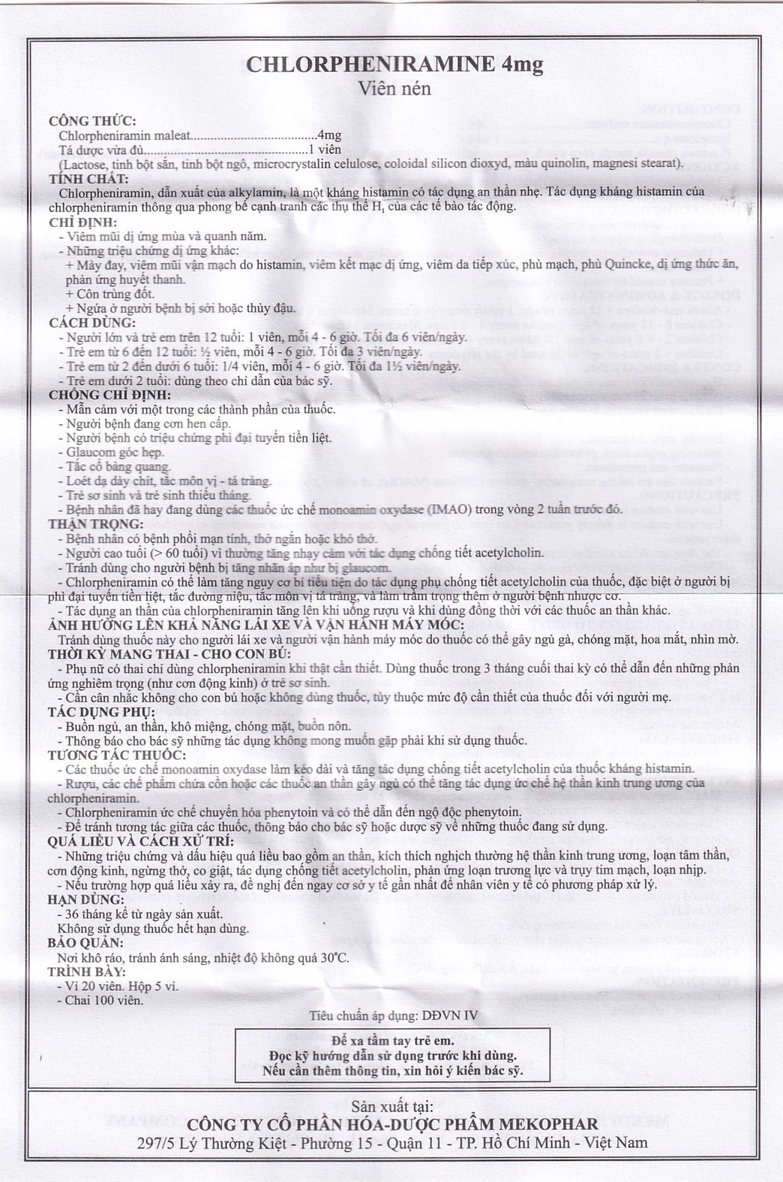 Thuốc Chlorpheniramine 4mg Mekophar điều trị viêm mũi dị ứng mùa và quanh năm (5 vỉ x 20 viên)