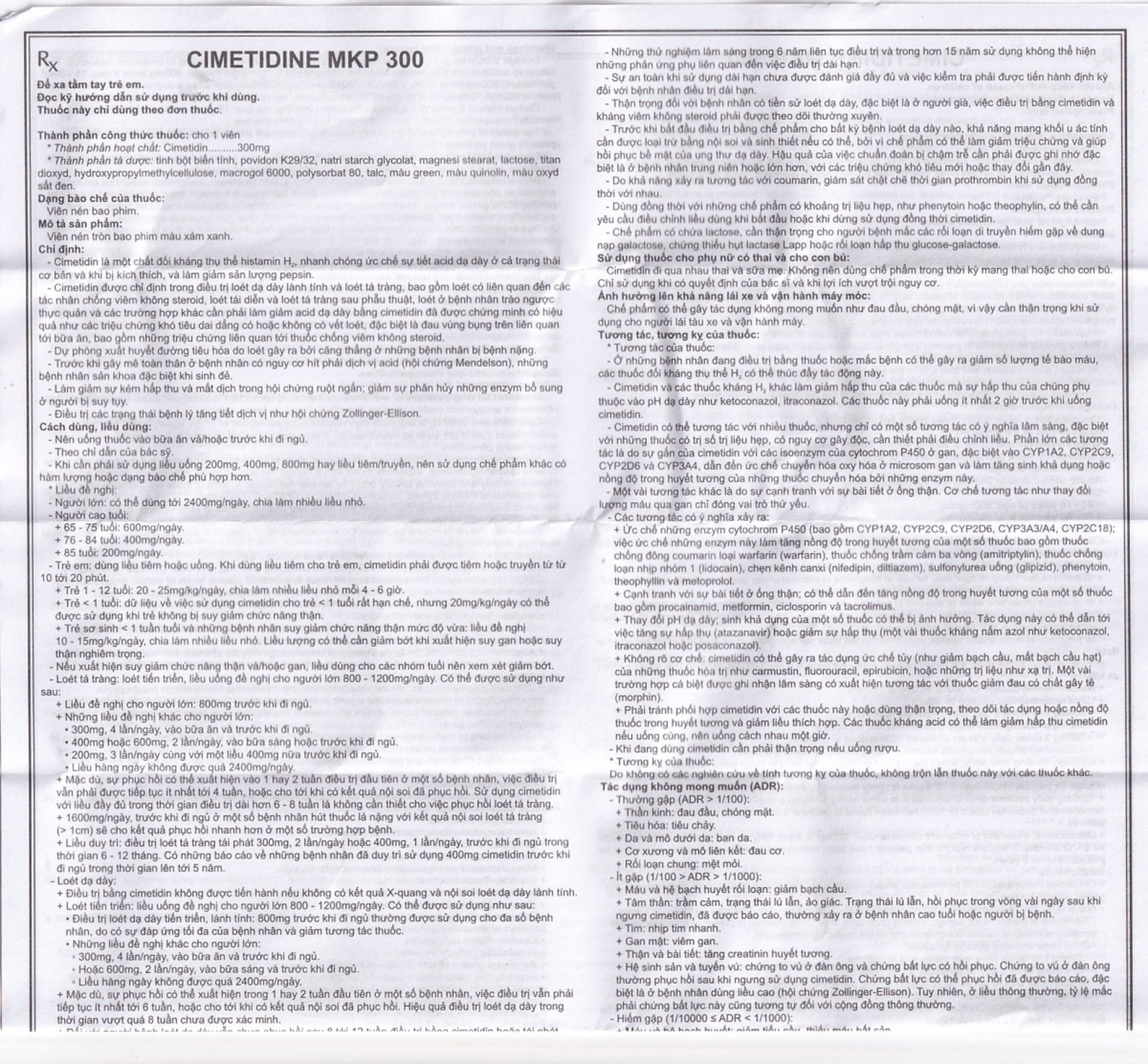 Thuốc Cimetidine MKP 300mg Mekophar điều trị ngắn hạn loét dạ dày, tá tràng tiến triển (10 vỉ x 10 viên)