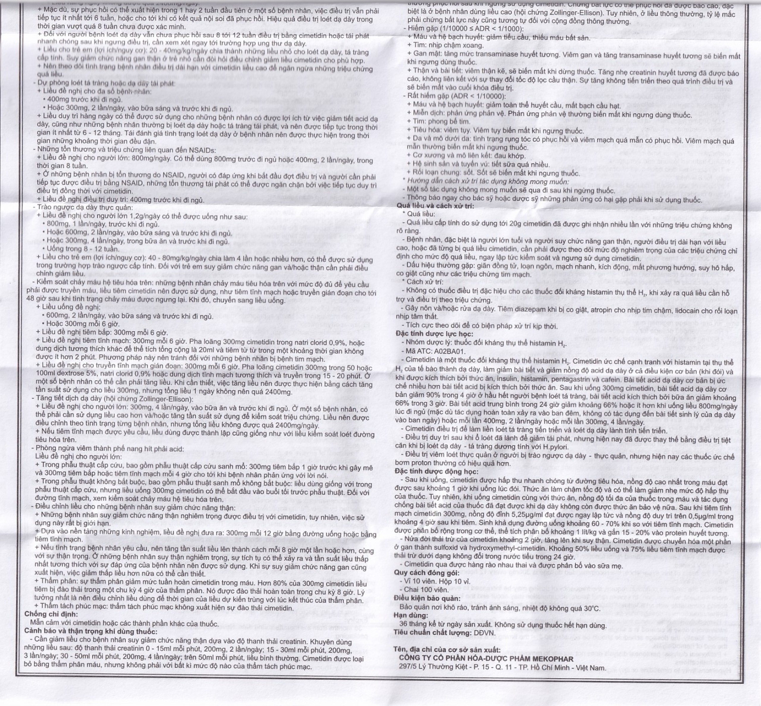 Thuốc Cimetidine MKP 300mg Mekophar điều trị ngắn hạn loét dạ dày, tá tràng tiến triển (10 vỉ x 10 viên)