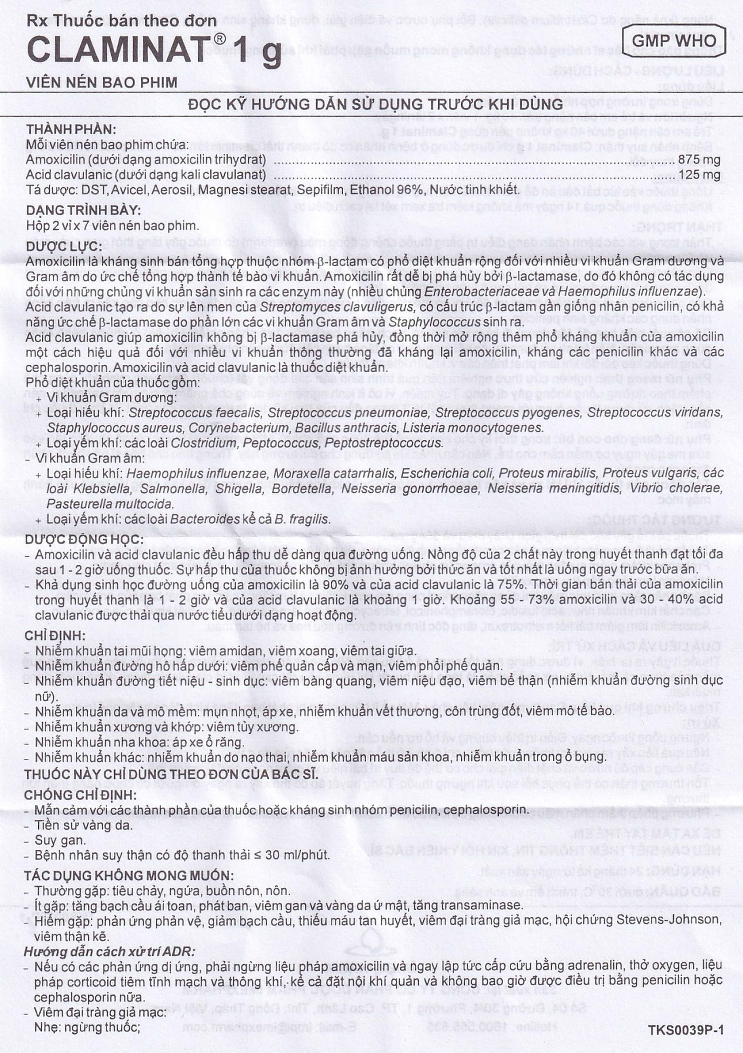 Thuốc Claminat 1g Imexpharm điều trị nhiễm khuẩn (2 vỉ x 7 viên)