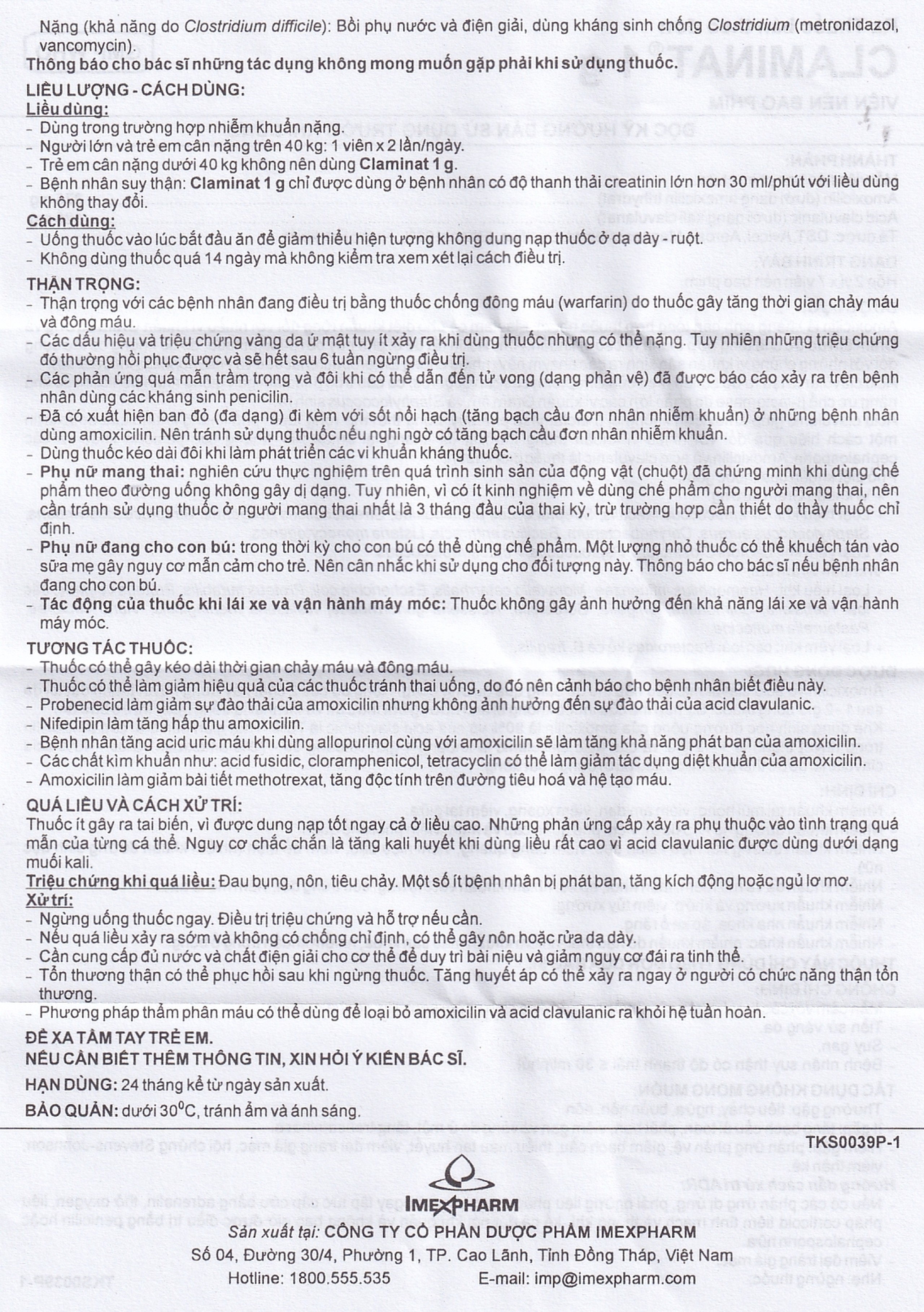 Thuốc Claminat 1g Imexpharm điều trị nhiễm khuẩn (2 vỉ x 7 viên)