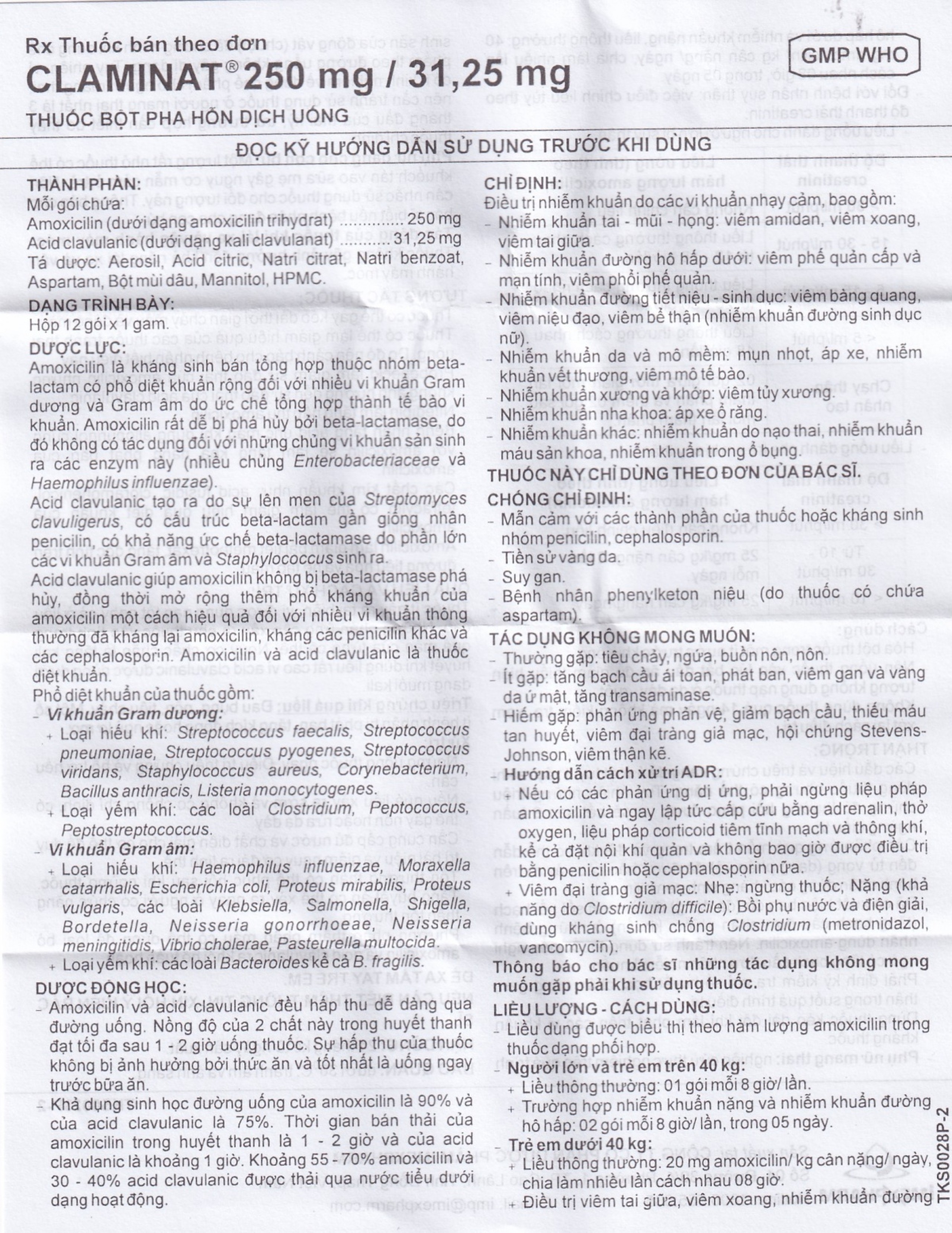 Thuốc Claminat IMP 250/31.25 điều trị nhiễm khuẩn (12 gói) 