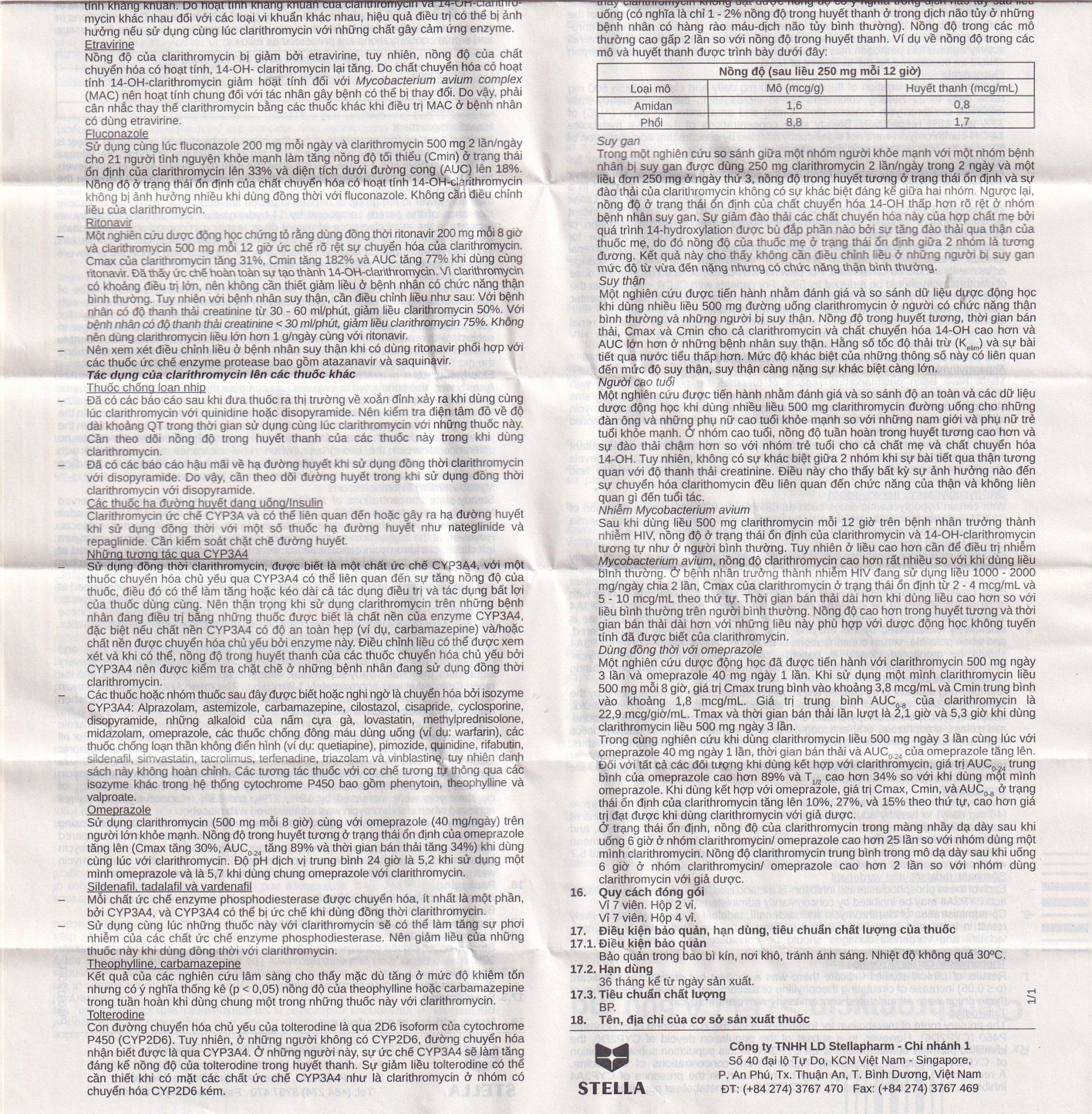 Thuốc Clarithromycin Stella 500mg điều trị nhiễm trùng (4 vỉ x 7 viên)