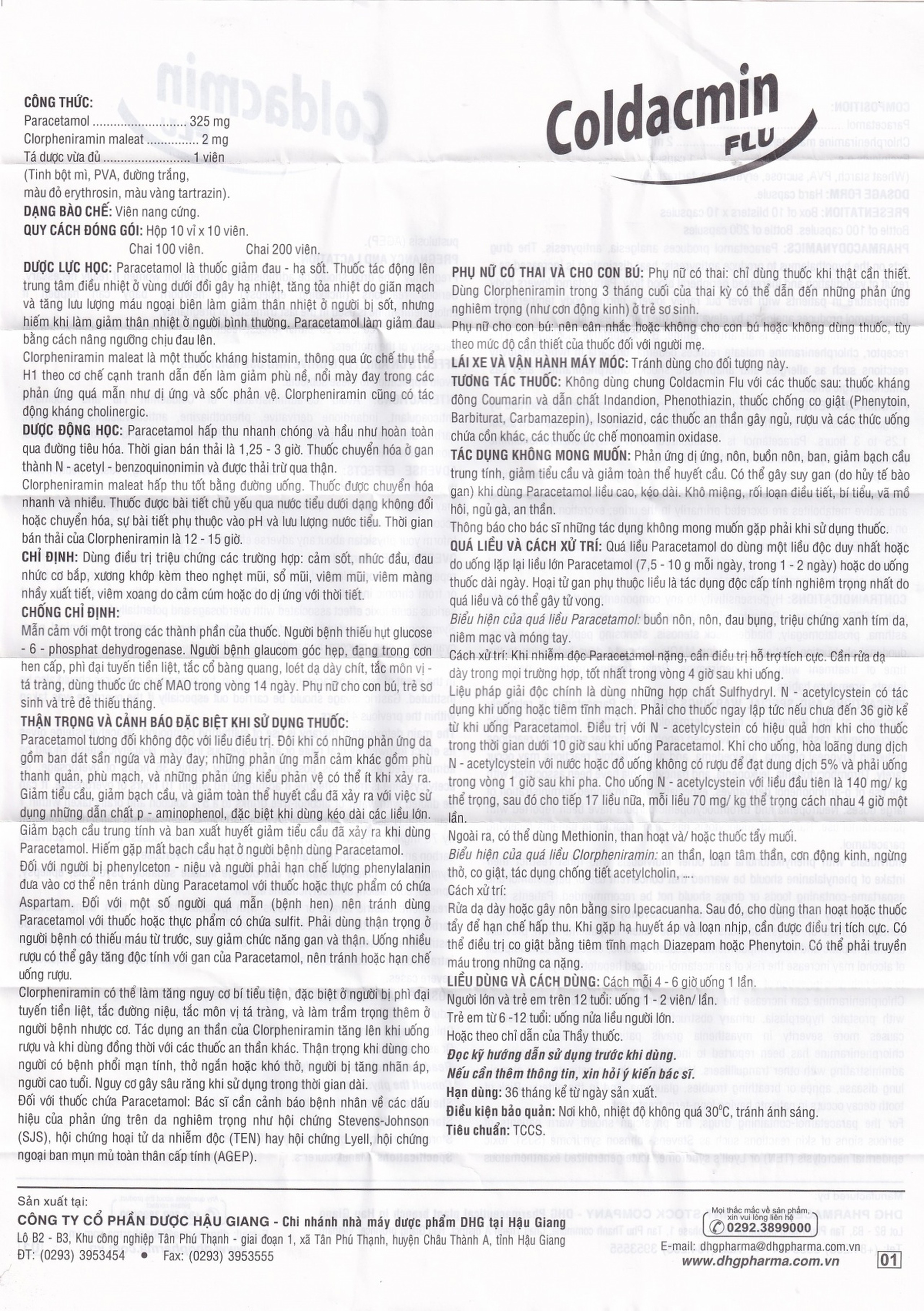 Thuốc Coldacmin Flu DHG điều trị triệu chứng cảm sốt, nhức đầu, đau nhức cơ bắp (10 vỉ x 10 viên)