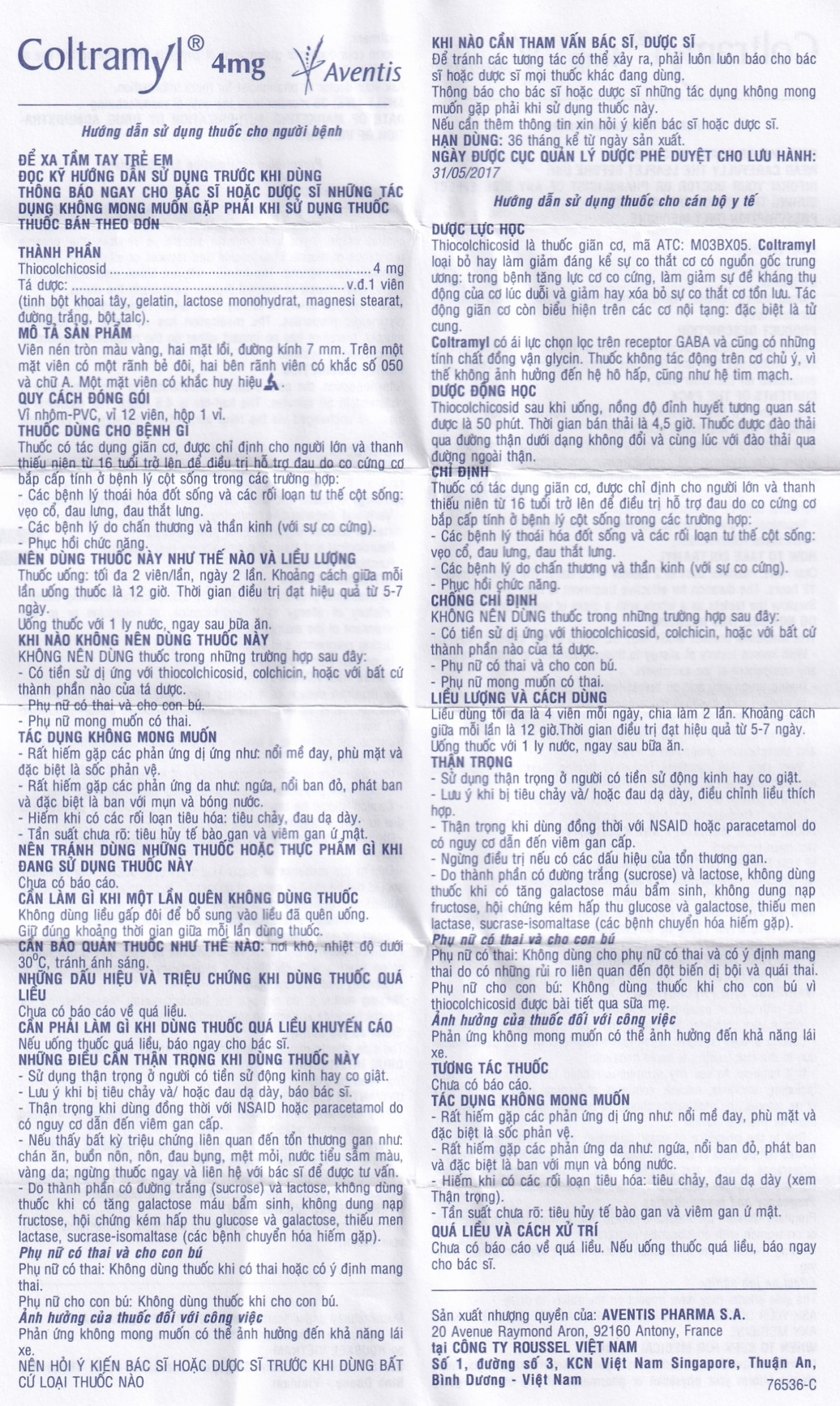 Thuốc Coltramyl 4mg Roussel điều trị hỗ trợ đau do co cứng cơ bắp cấp tính (1 vỉ x 12 viên)