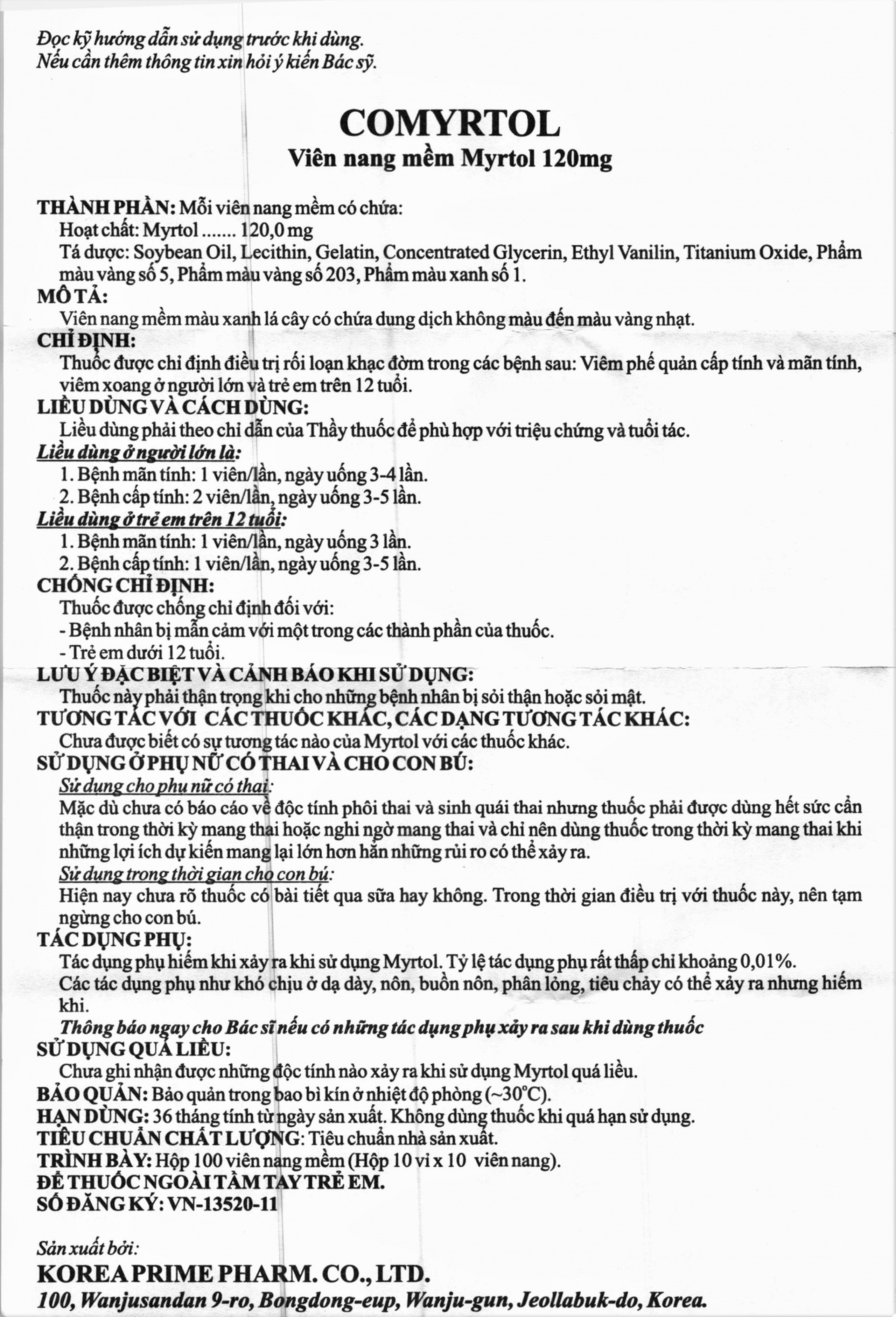 Thuốc Comyrton 120mg Korea United điều trị viêm phế quản cấp, mãn tính, viêm xoang (10 vỉ x 10 viên)