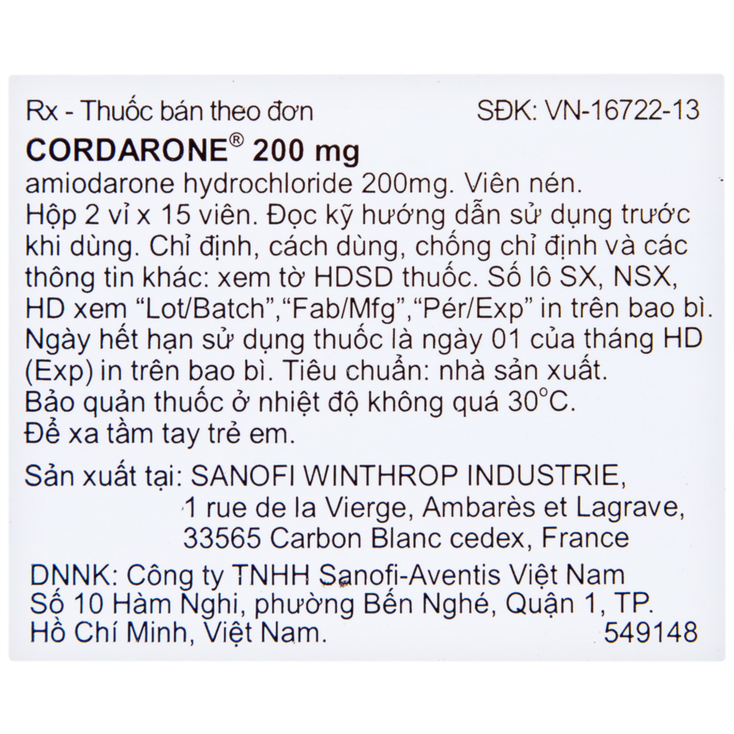 Thuốc Cordarone 200mg Sanofi phòng ngừa và điều trị một số dạng rối loạn nhịp tim (30 viên)