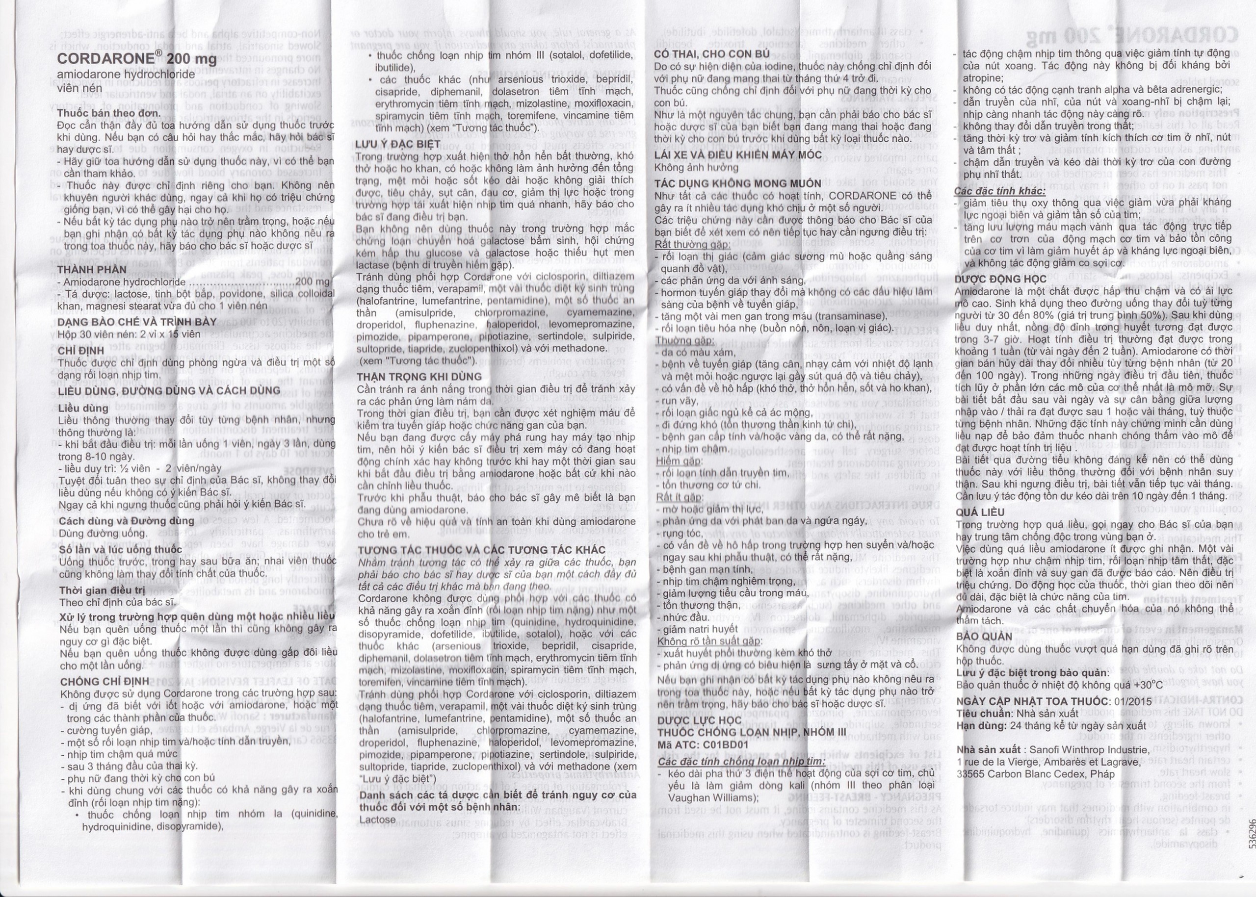 Thuốc Cordarone 200mg Sanofi phòng ngừa và điều trị một số dạng rối loạn nhịp tim (30 viên)