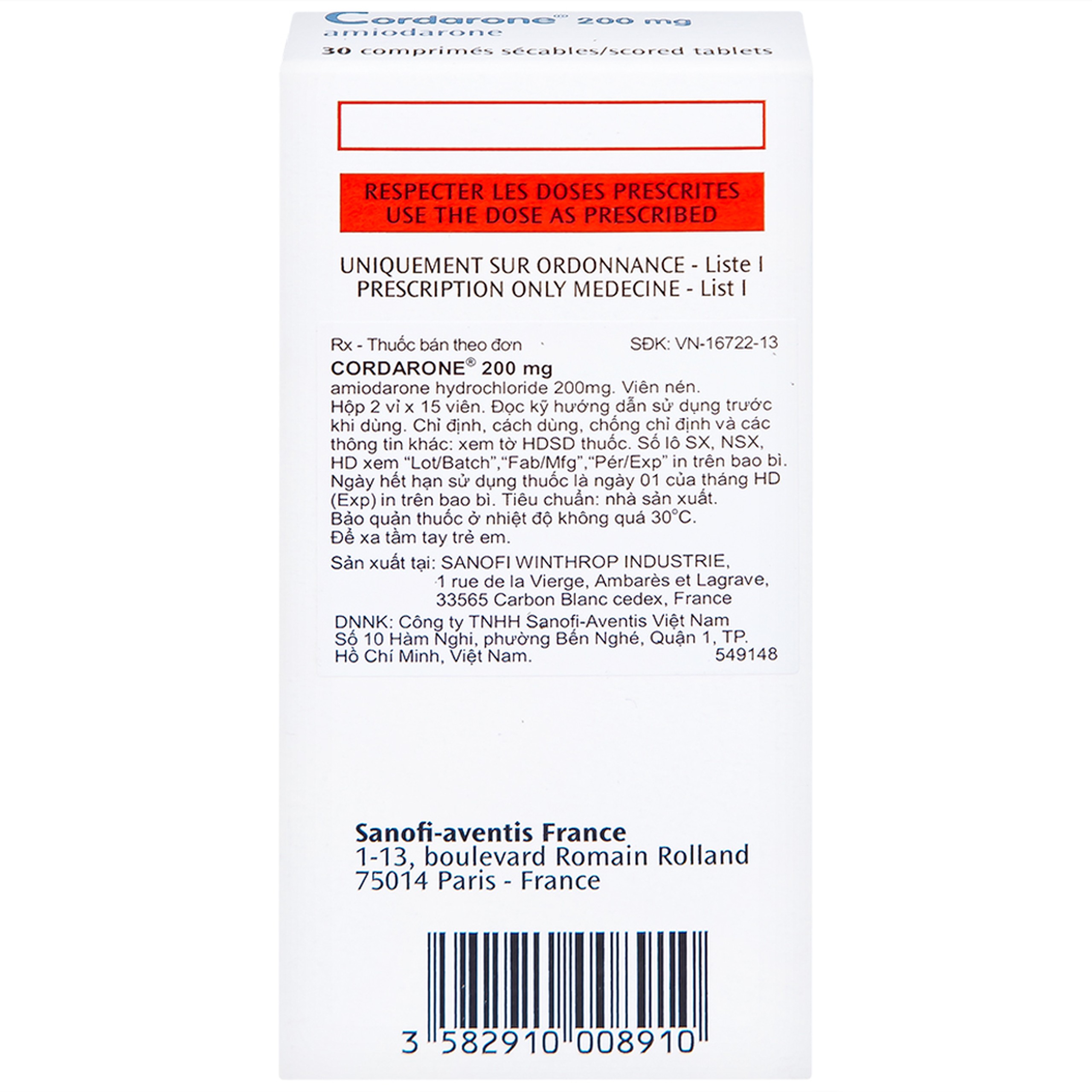 Thuốc Cordarone 200mg Sanofi phòng ngừa và điều trị một số dạng rối loạn nhịp tim (30 viên)