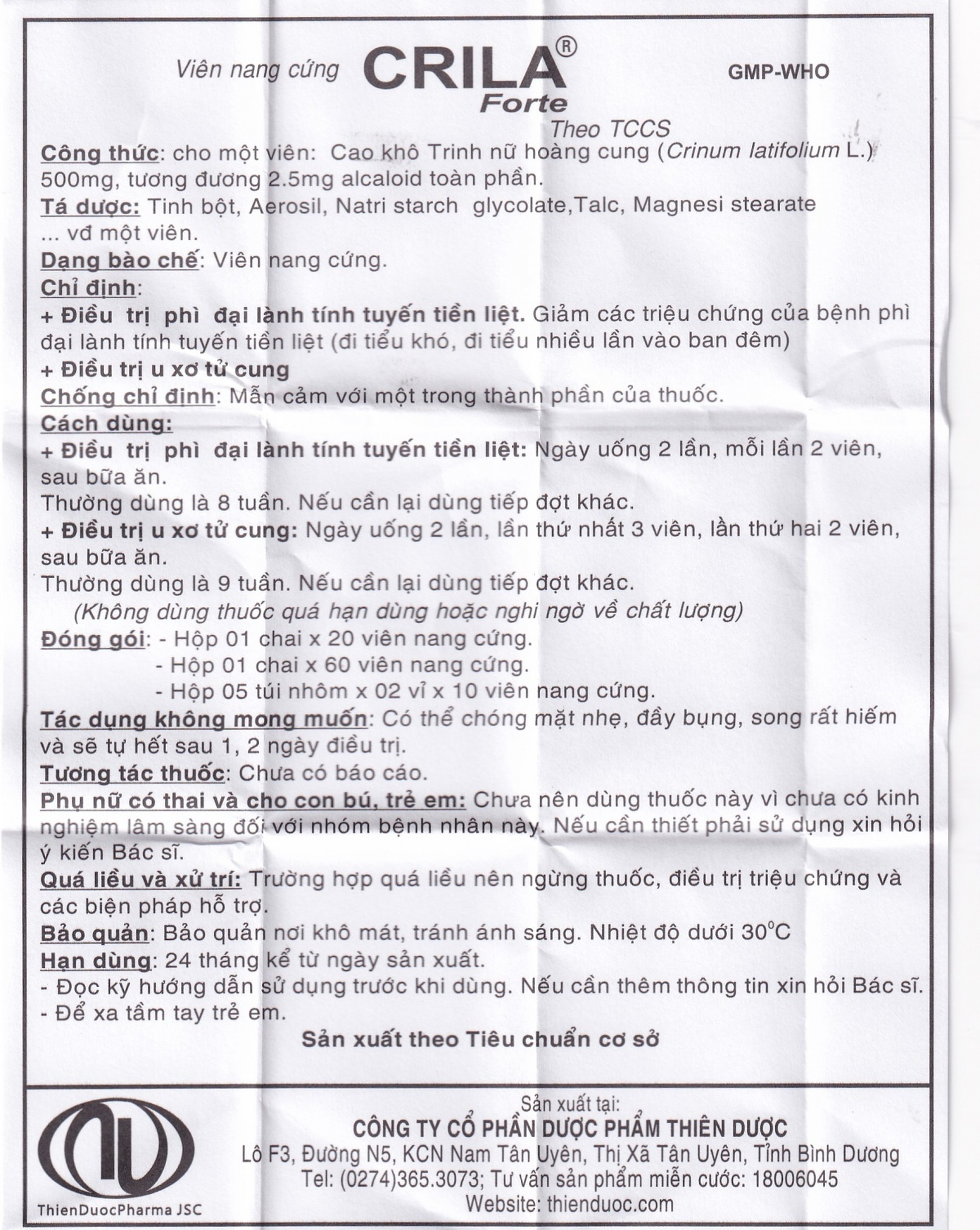 Thuốc Crila Forte Thiên Dược điều trị phì đại lành tính tuyến tiền liệt, u xơ tử cung (20 viên)