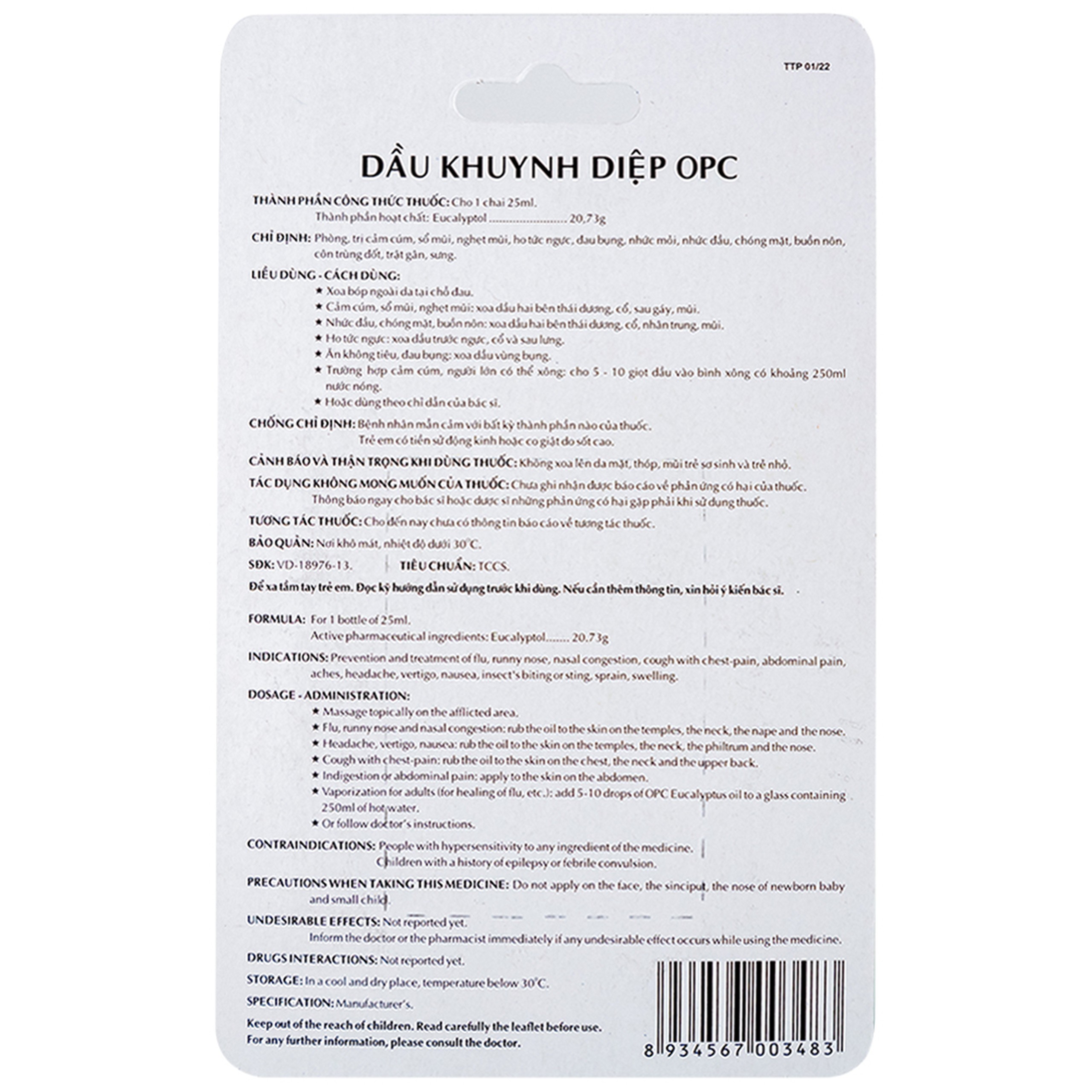 Dầu Khuynh Diệp OPC phòng và trị cảm cúm, sổ mũi, nghẹt mũi (25ml)